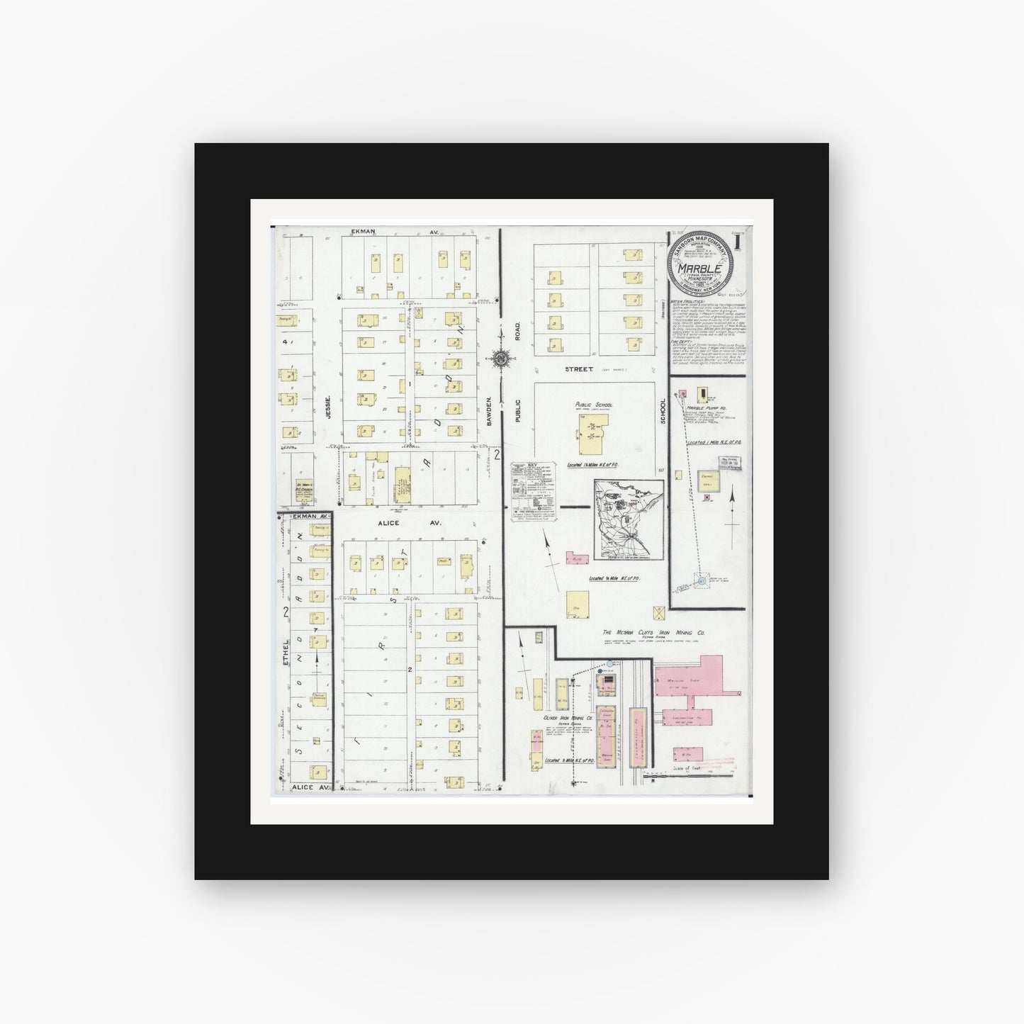 Old map wall art mockup — black gallery frame with white mat — Sanborn Fire Insurance Map from Marble, Itasca County, Minnesota (1921) - Complete Map Set