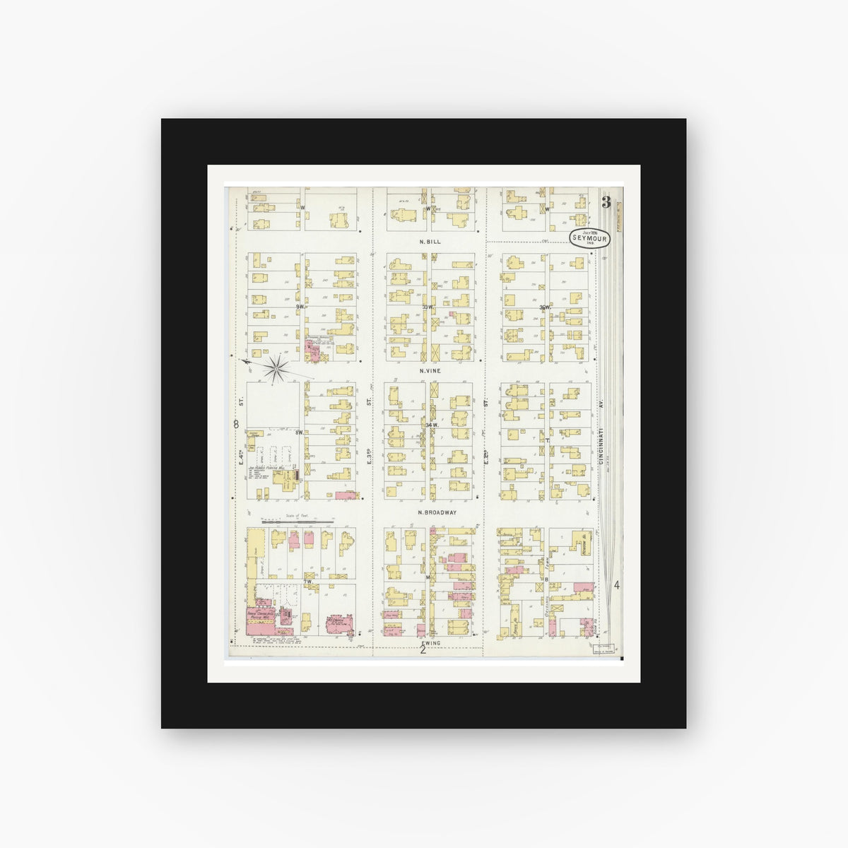 Old map wall art mockup — black gallery frame with white mat — Sanborn Fire Insurance Map from Seymour, Jackson County, Indiana (1896), Sheet #0003