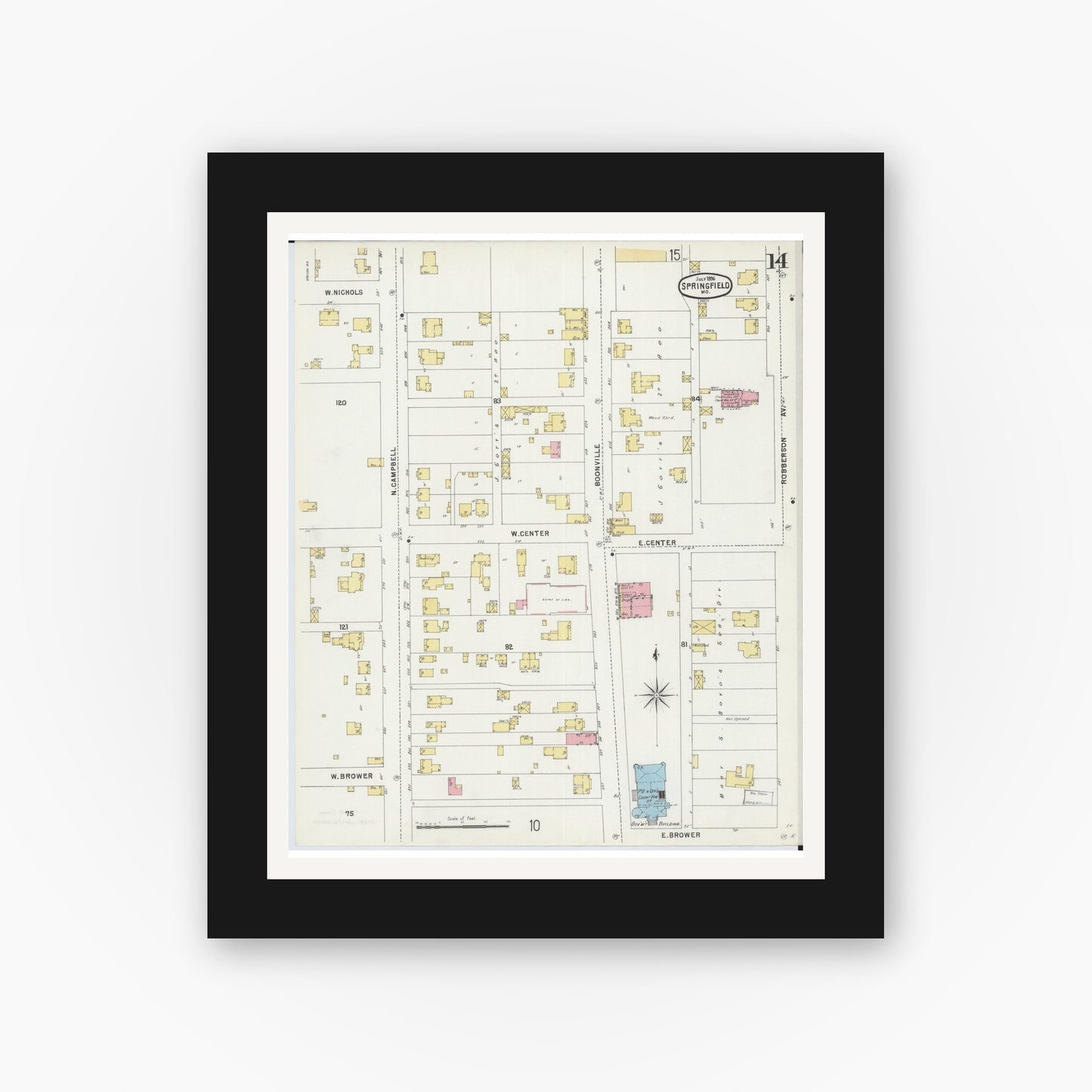 Old map wall art mockup — black gallery frame with white mat — Sanborn Fire Insurance Map from Springfield, Greene County, Missouri (1896), Sheet #0014