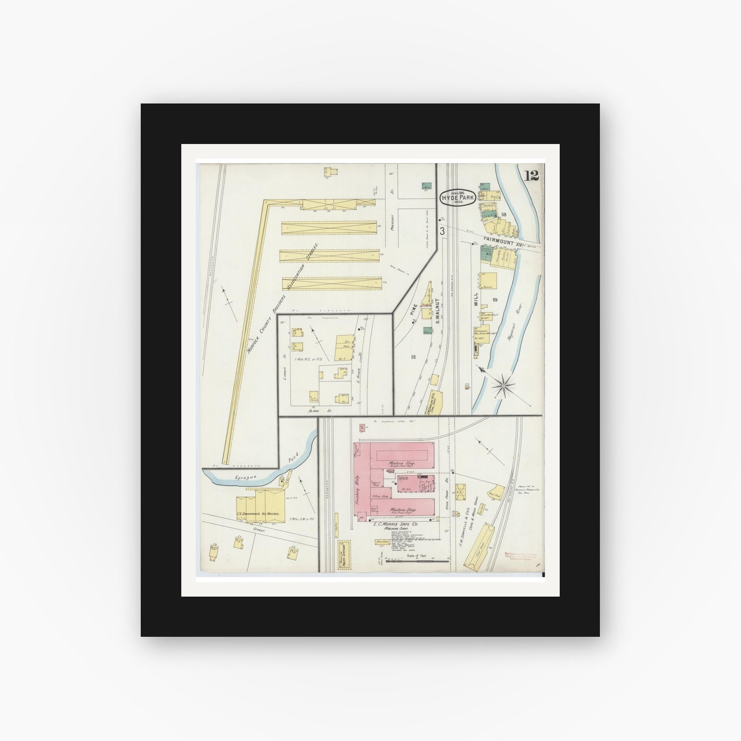 Old map wall art mockup — black gallery frame with white mat — Sanborn Fire Insurance Map from Hyde Park, Norfolk County, Massachusetts (1896), Sheet #0012
