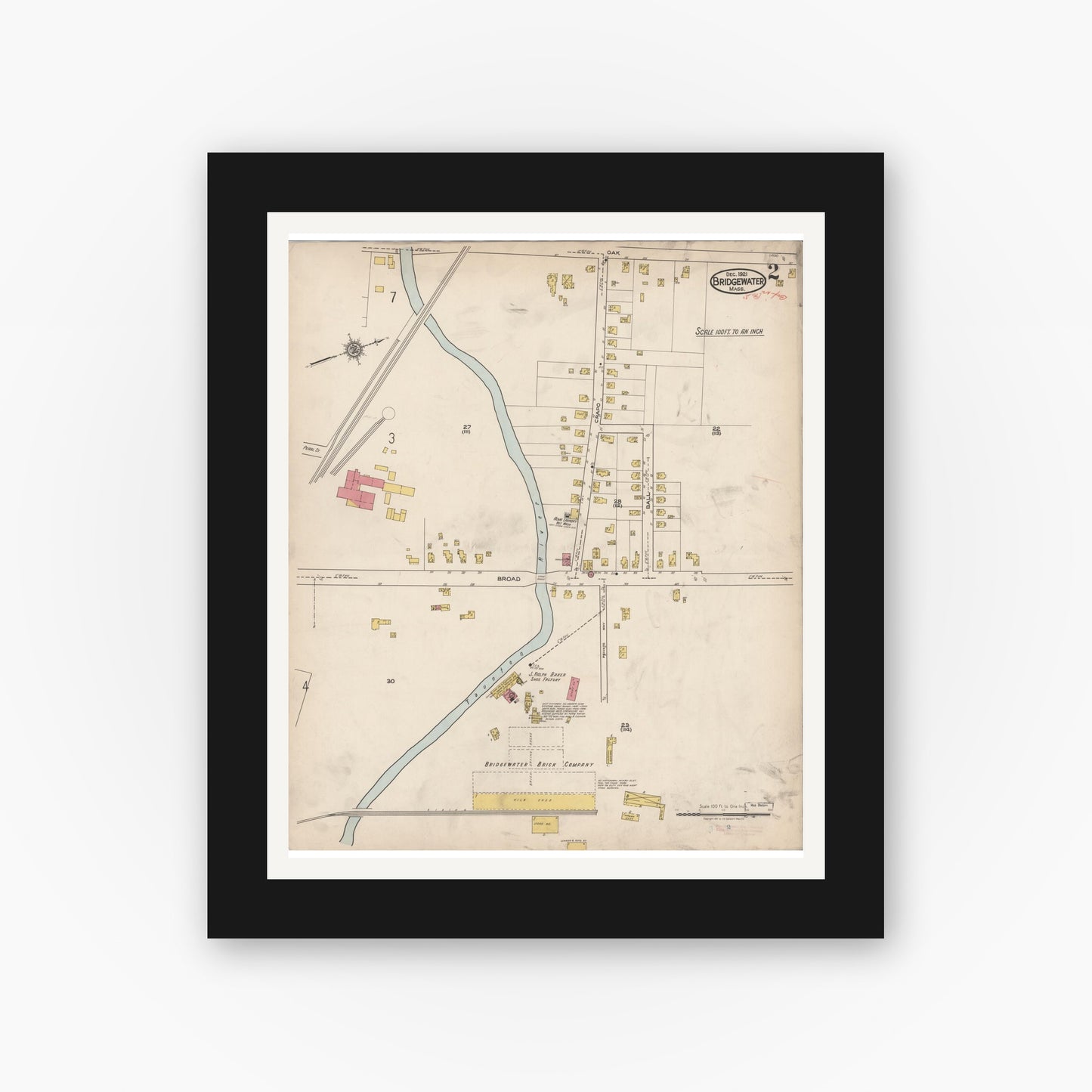 Old map wall art mockup — black gallery frame with white mat — Sanborn Fire Insurance Map from Bridgewater, Plymouth County, Massachusetts (1921), Sheet #0002