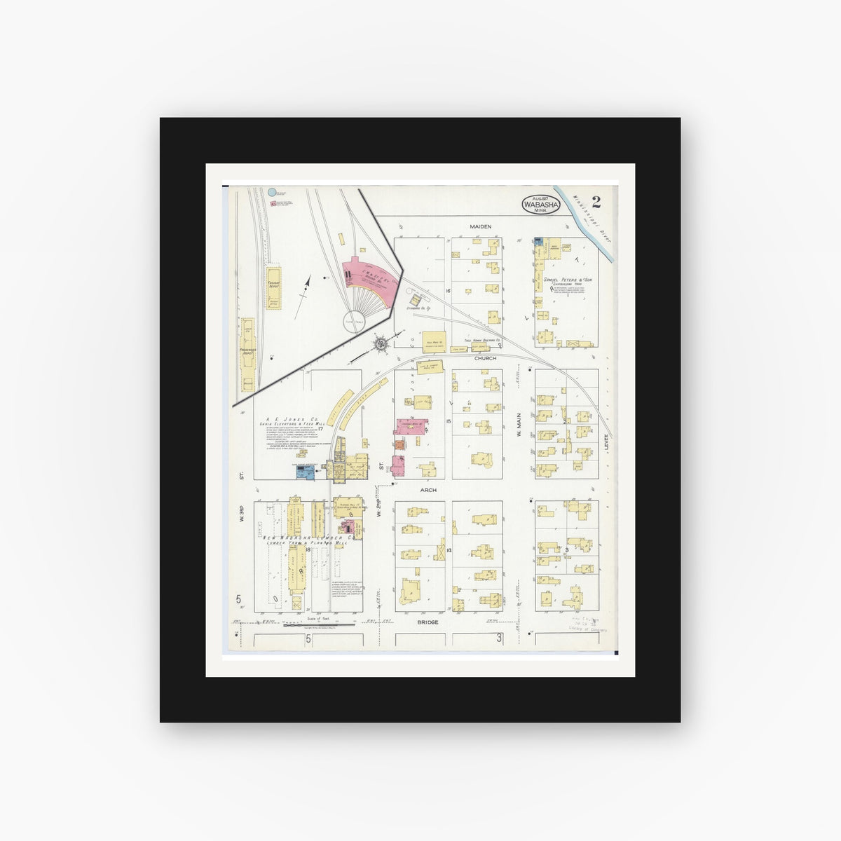 Old map wall art mockup — black gallery frame with white mat — Sanborn Fire Insurance Map from Wabasha, Wabasha County, Minnesota (1917), Sheet #0002