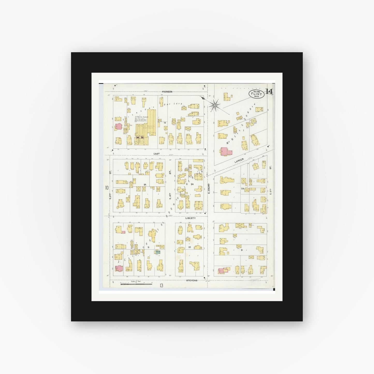 Old map wall art mockup — black gallery frame with white mat — Sanborn Fire Insurance Map from Flint, Genesee County, Michigan (1902), Sheet #0014