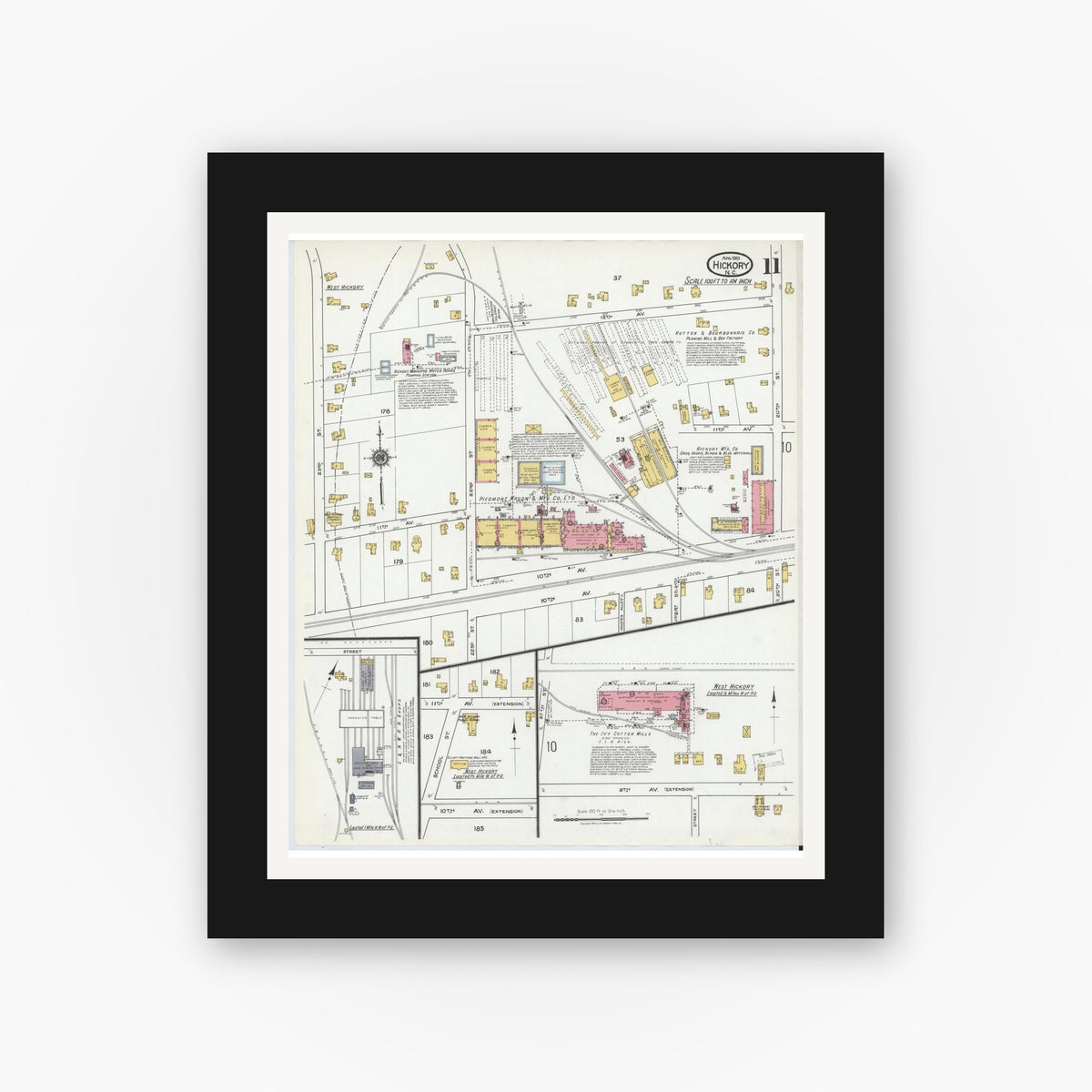 Old map wall art mockup — black gallery frame with white mat — Sanborn Fire Insurance Map from Hickory, Catawba County, North Carolina (1919), Sheet #0011