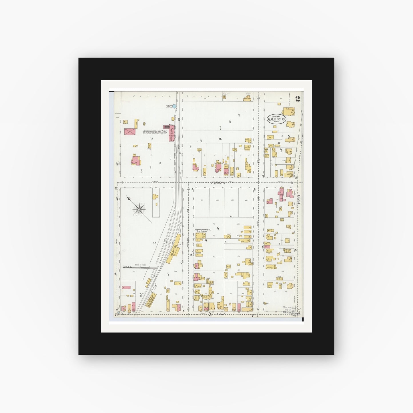 Old map wall art mockup — black gallery frame with white mat — Sanborn Fire Insurance Map from Gallipolis, Gallia County, Ohio (1900), Sheet #0002