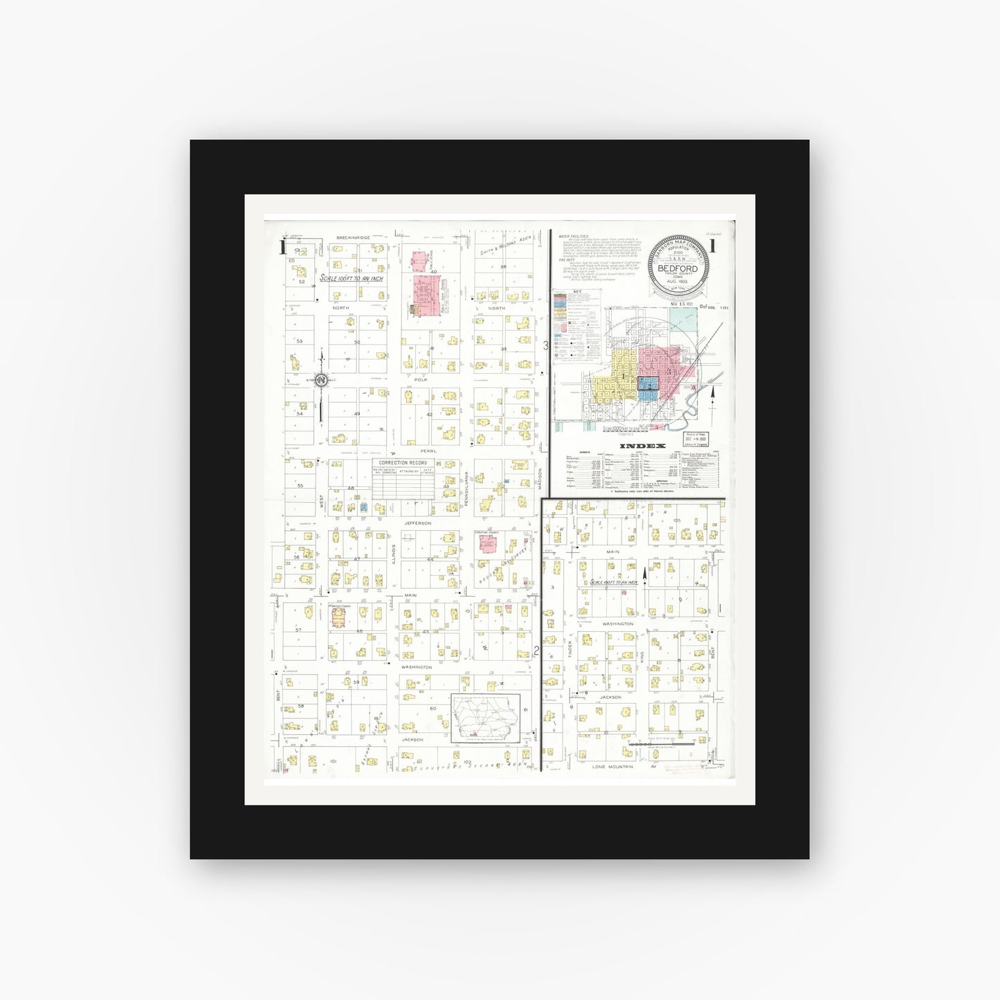 Old map wall art mockup — black gallery frame with white mat — Sanborn Fire Insurance Map from Bedford, Taylor County, Iowa (1933) — Complete Set