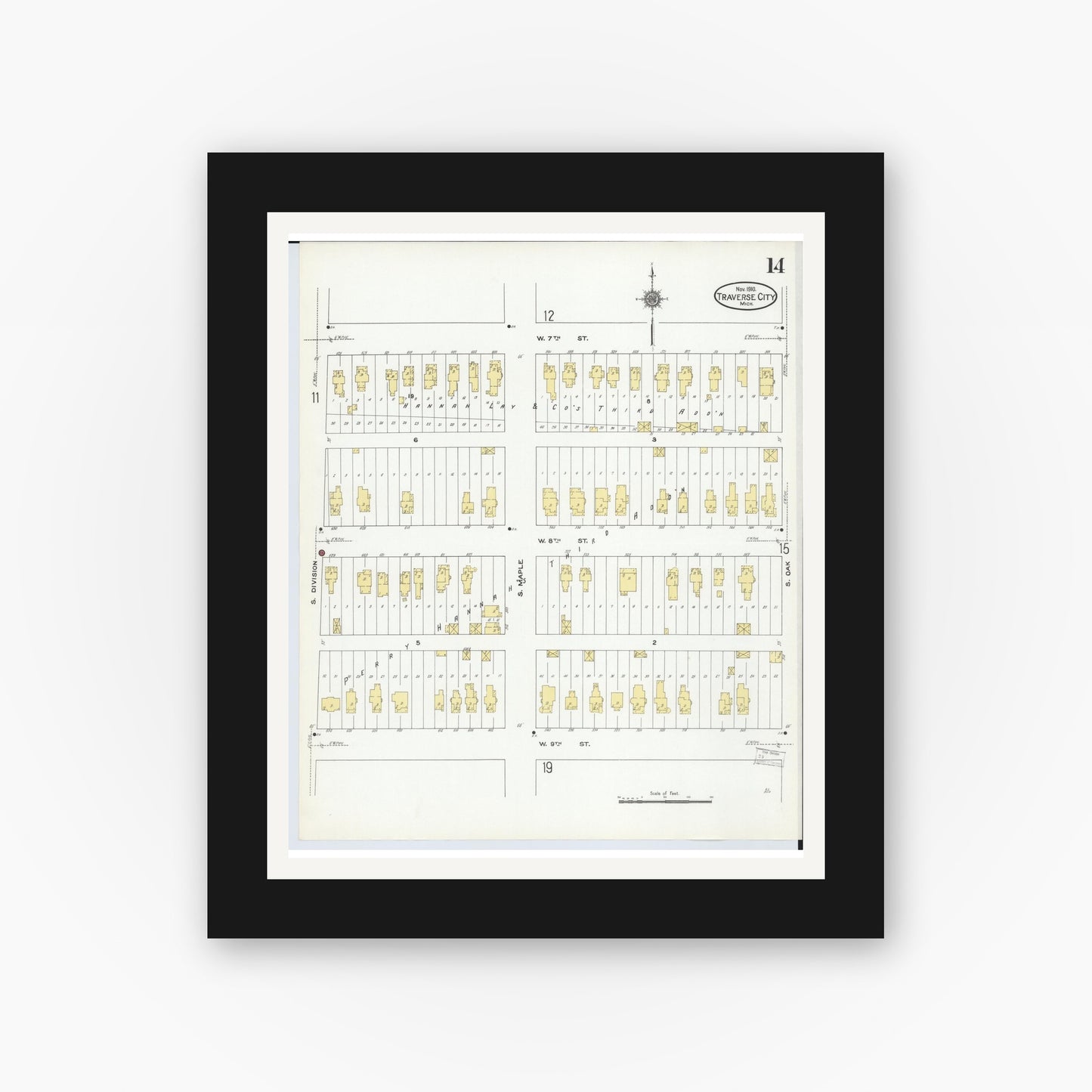 Old map wall art mockup — black gallery frame with white mat — Sanborn Fire Insurance Map from Traverse City, Grand Traverse County, Michigan (1910), Sheet #0014