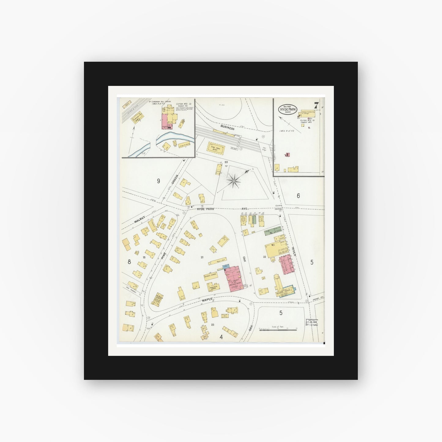 Old map wall art mockup — black gallery frame with white mat — Sanborn Fire Insurance Map from Hyde Park, Norfolk County, Massachusetts (1900), Sheet #0007