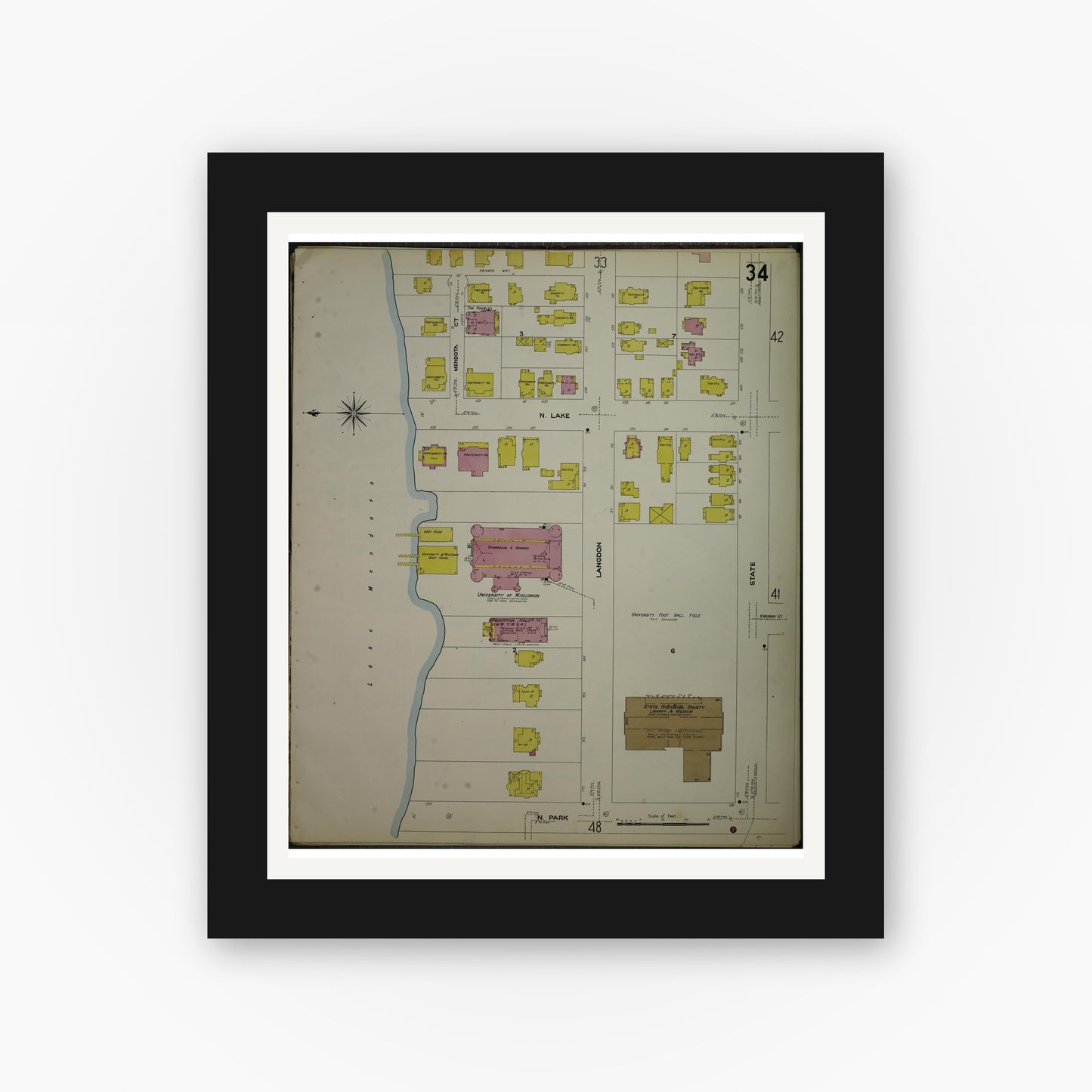 Old map wall art mockup — black gallery frame with white mat — Sanborn Fire Insurance Map from Madison, Dane County, Wisconsin (1908), Sheet #0034