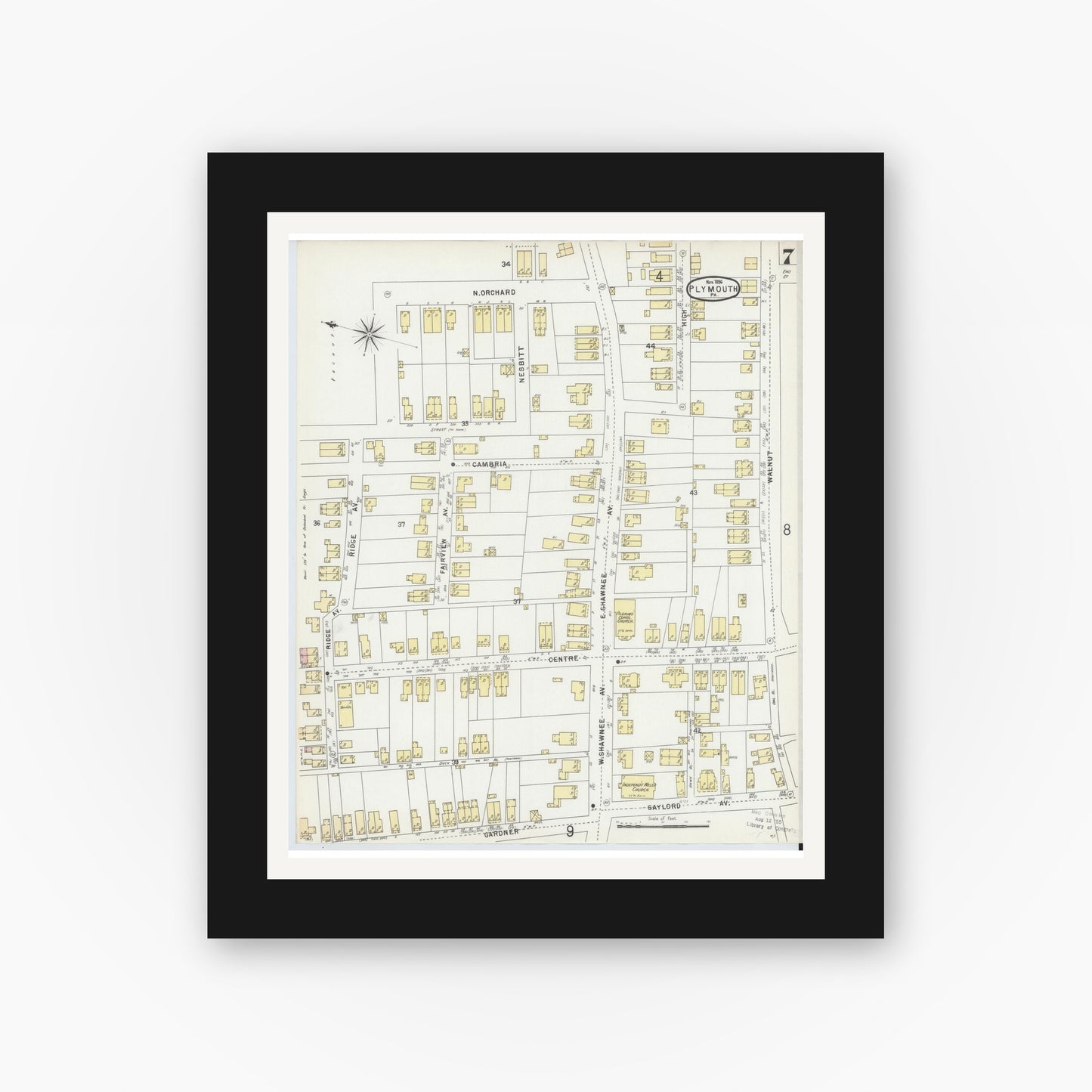 Old map wall art mockup — black gallery frame with white mat — Sanborn Fire Insurance Map from Plymouth, Luzerne County, Pennsylvania (1896), Sheet #0007