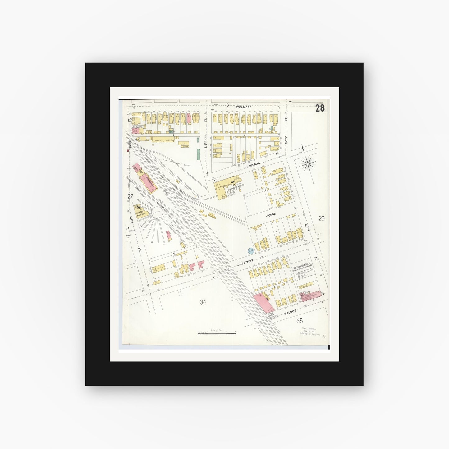 Old map wall art mockup — black gallery frame with white mat — Sanborn Fire Insurance Map from Hamilton, Butler County, Ohio (1899), Sheet #0028