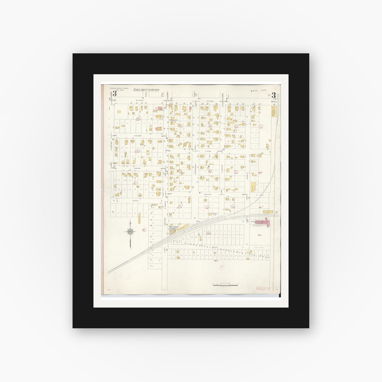 Old map wall art mockup — black gallery frame with white mat — Sanborn Fire Insurance Map from Schoolcraft, Kalamazoo County, Michigan (1937), Sheet #0003