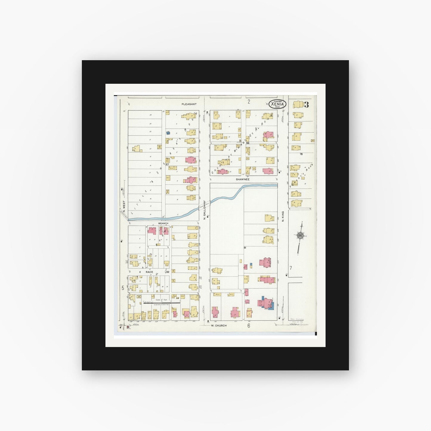 Old map wall art mockup — black gallery frame with white mat — Sanborn Fire Insurance Map from Xenia, Greene County, Ohio (1919), Sheet #0003