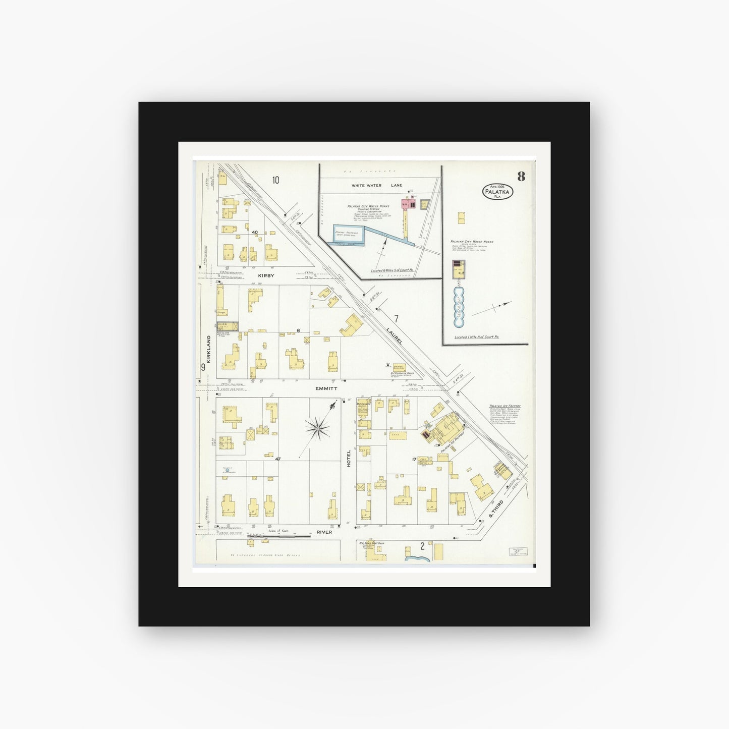 Old map wall art mockup — black gallery frame with white mat — Sanborn Fire Insurance Map from Palatka, Putnam County, Florida (1909), Sheet #0008