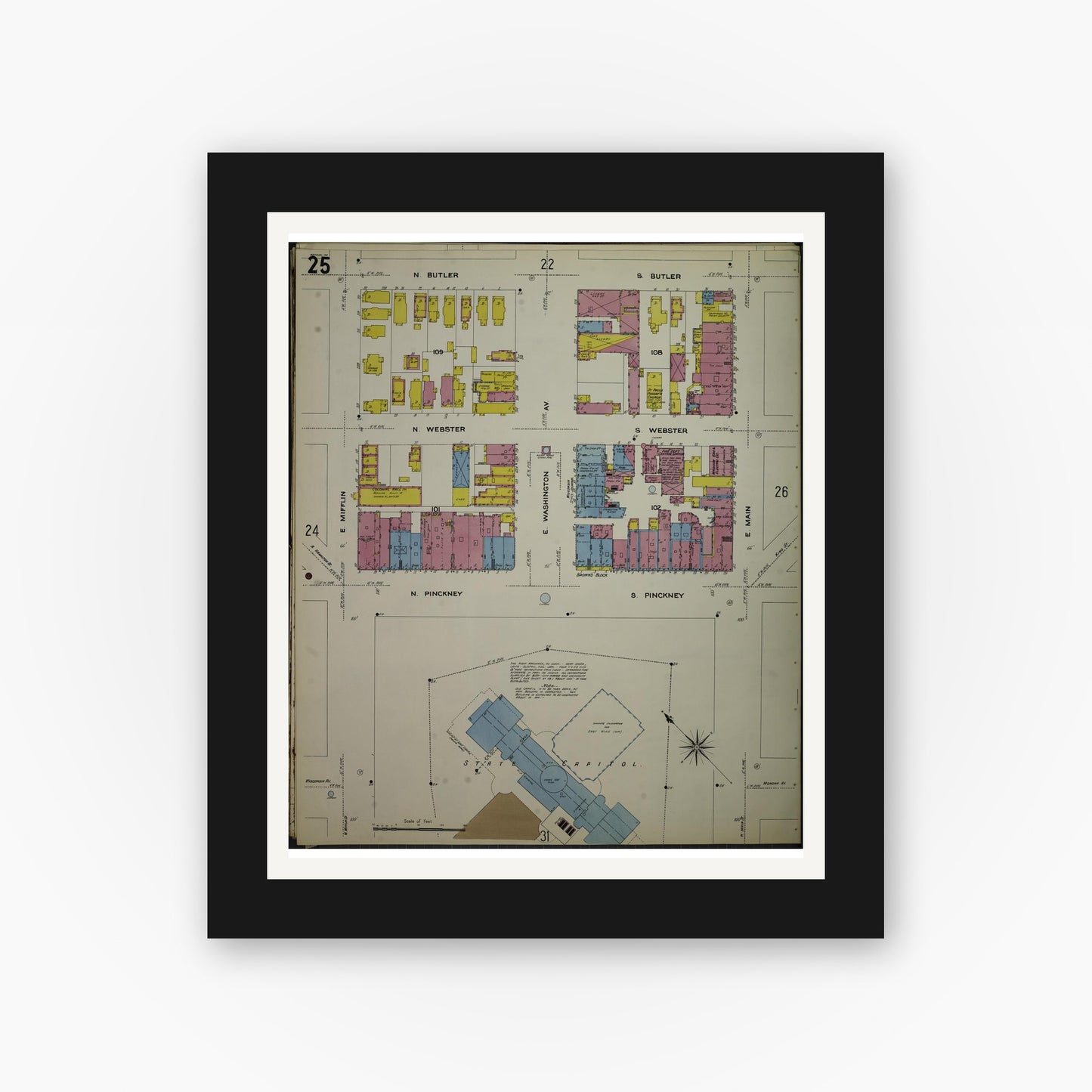 Old map wall art mockup — black gallery frame with white mat — Sanborn Fire Insurance Map from Madison, Dane County, Wisconsin (1908), Sheet #0025