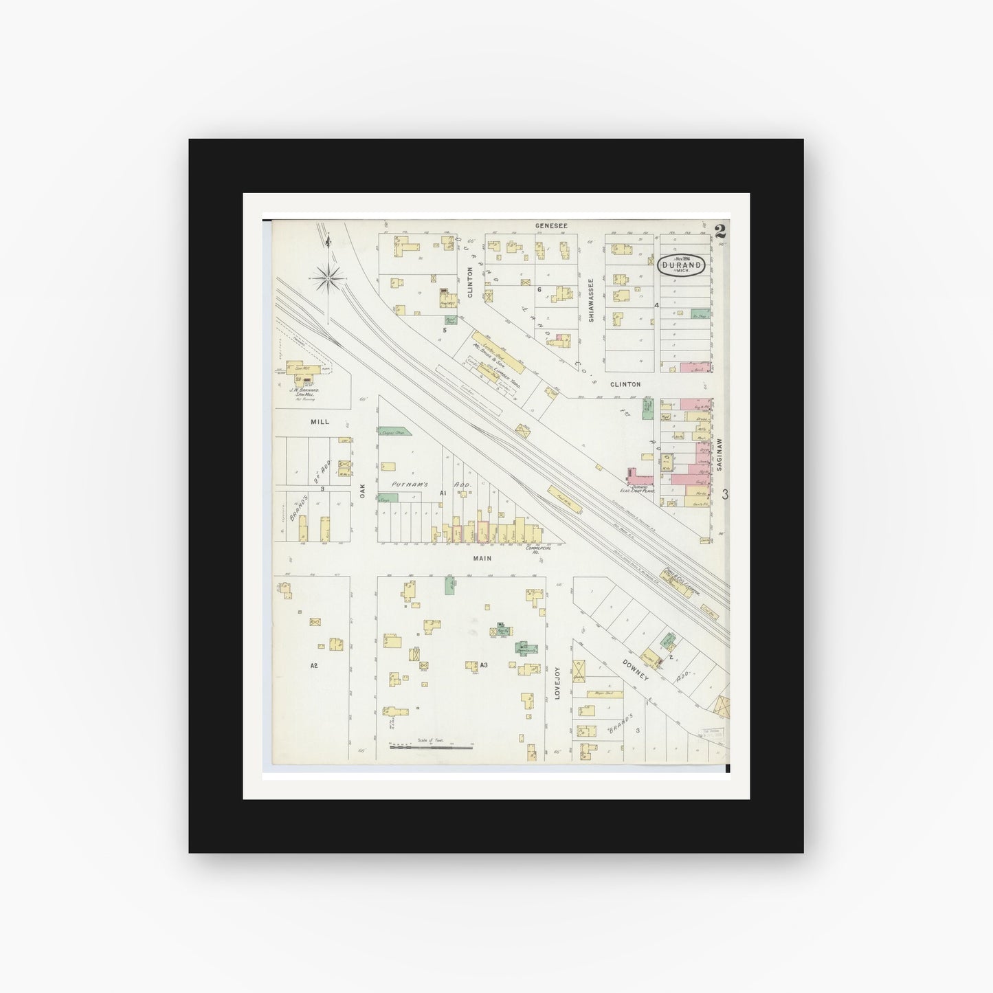 Old map wall art mockup — black gallery frame with white mat — Sanborn Fire Insurance Map from Durand, Shiawassee County, Michigan (1896), Sheet #0002