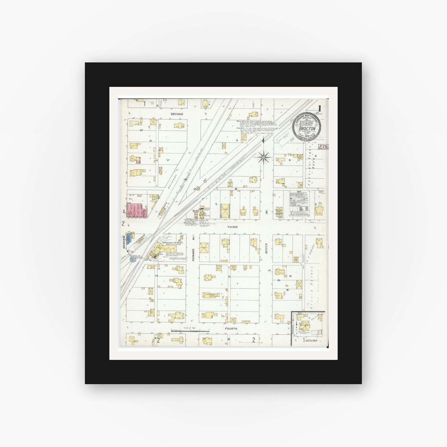 Old map wall art mockup — black gallery frame with white mat — Sanborn Fire Insurance Map from Brockton, Edgar County, Illinois (1909) - Complete Map Set