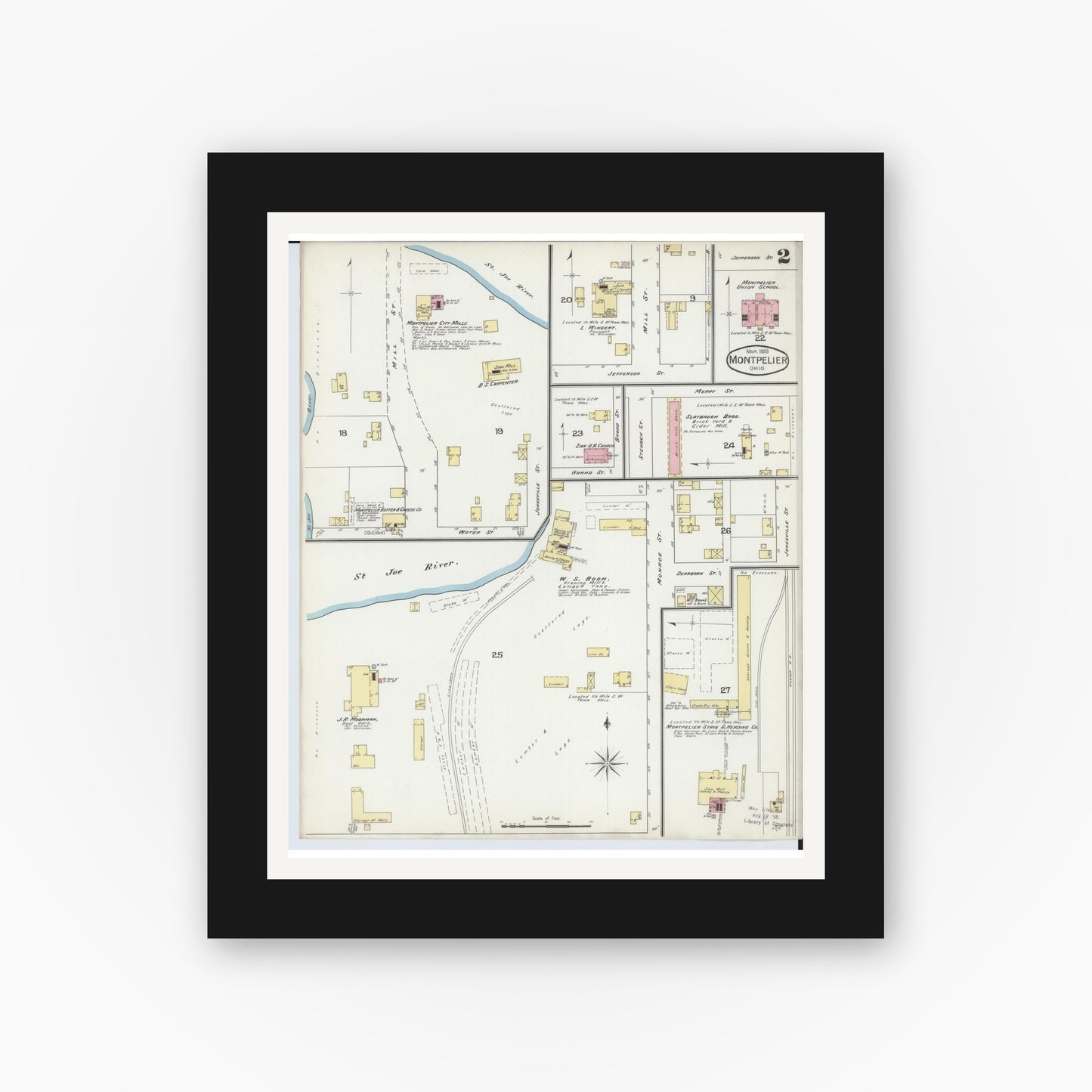 Old map wall art mockup — black gallery frame with white mat — Sanborn Fire Insurance Map from Montpelier, Williams County, Ohio (1893), Sheet #0002