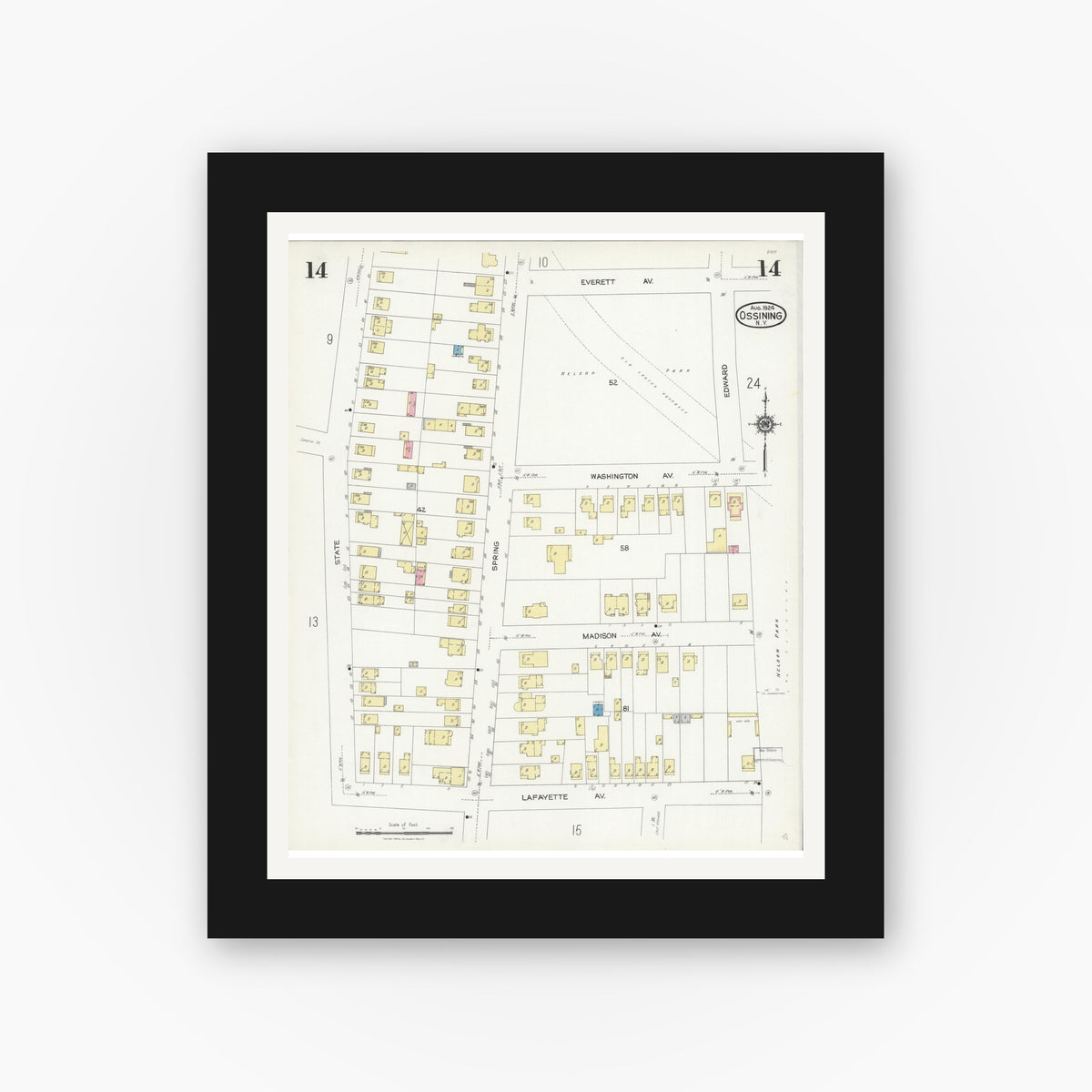 Old map wall art mockup — black gallery frame with white mat — Sanborn Fire Insurance Map from Ossining, Westchester County, New York (1924), Sheet #0014