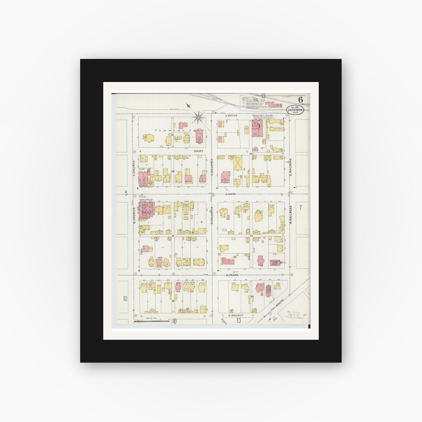 Old map wall art mockup — black gallery frame with white mat — Sanborn Fire Insurance Map from Jackson, Jackson County, Ohio (1905), Sheet #0006