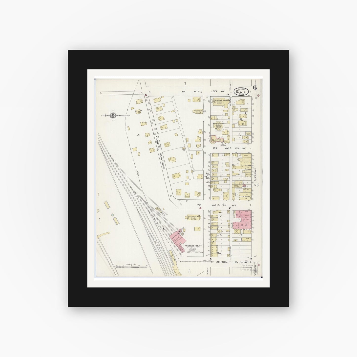 Old map wall art mockup — black gallery frame with white mat — Sanborn Fire Insurance Map from Ely, Saint Louis County, Minnesota (1914), Sheet #0006
