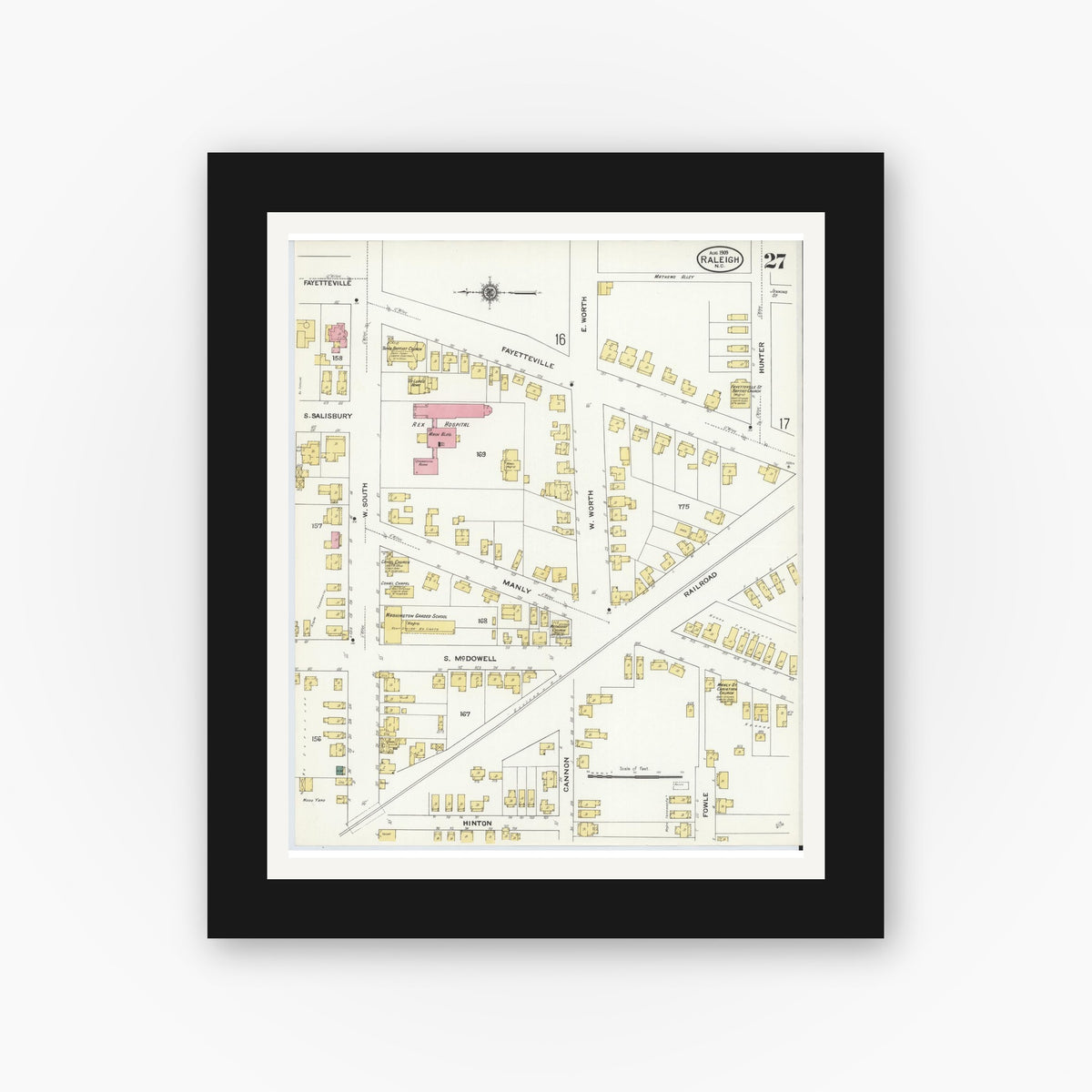 Old map wall art mockup — black gallery frame with white mat — Sanborn Fire Insurance Map from Raleigh, Wake County, North Carolina (1909), Sheet #0027