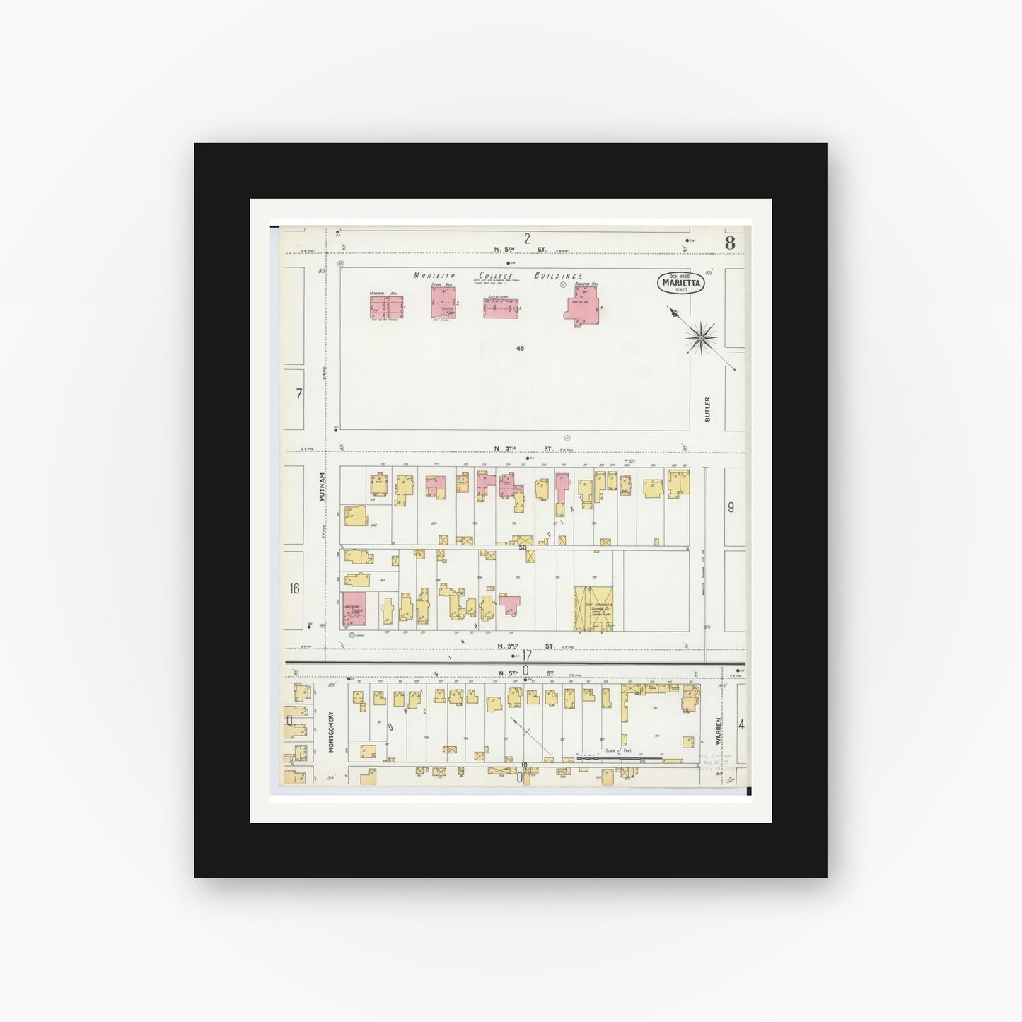 Old map wall art mockup — black gallery frame with white mat — Sanborn Fire Insurance Map from Marietta, Washington County, Ohio (1900), Sheet #0008