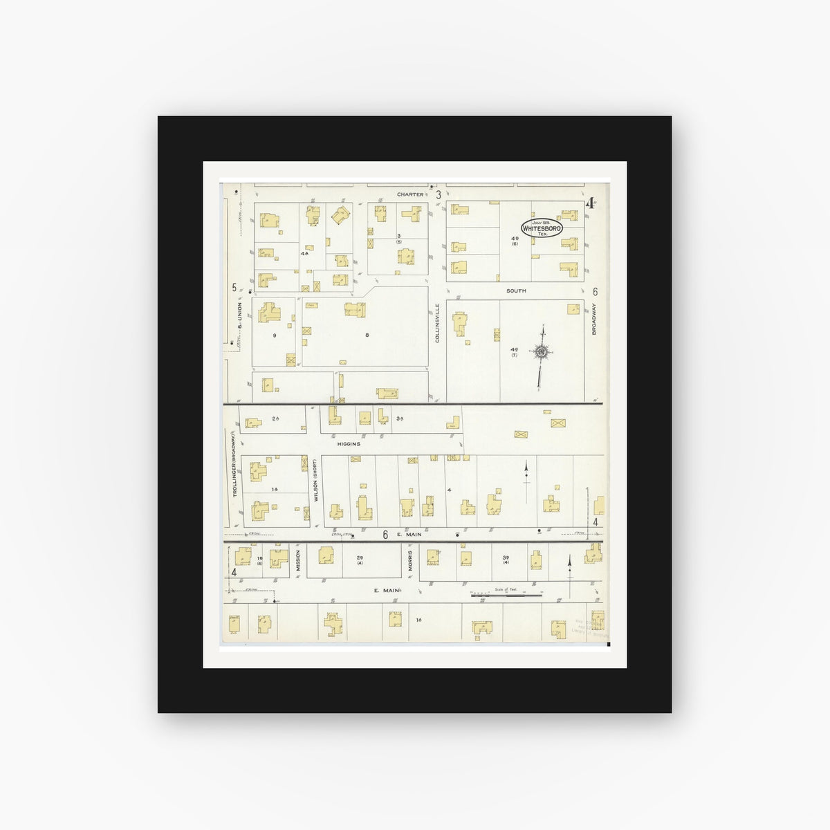 Old map wall art mockup — black gallery frame with white mat — Sanborn Fire Insurance Map from Whitesboro, Grayson County, Texas (1915), Sheet #0004