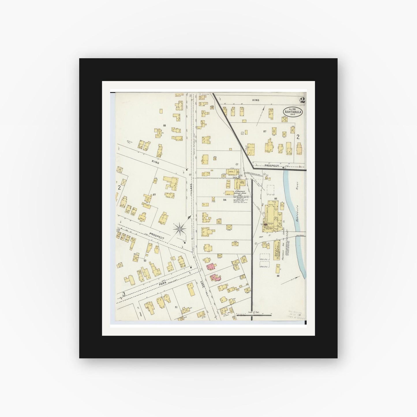 Old map wall art mockup — black gallery frame with white mat — Sanborn Fire Insurance Map from Ashtabula, Ashtabula County, Ohio (1898), Sheet #0002