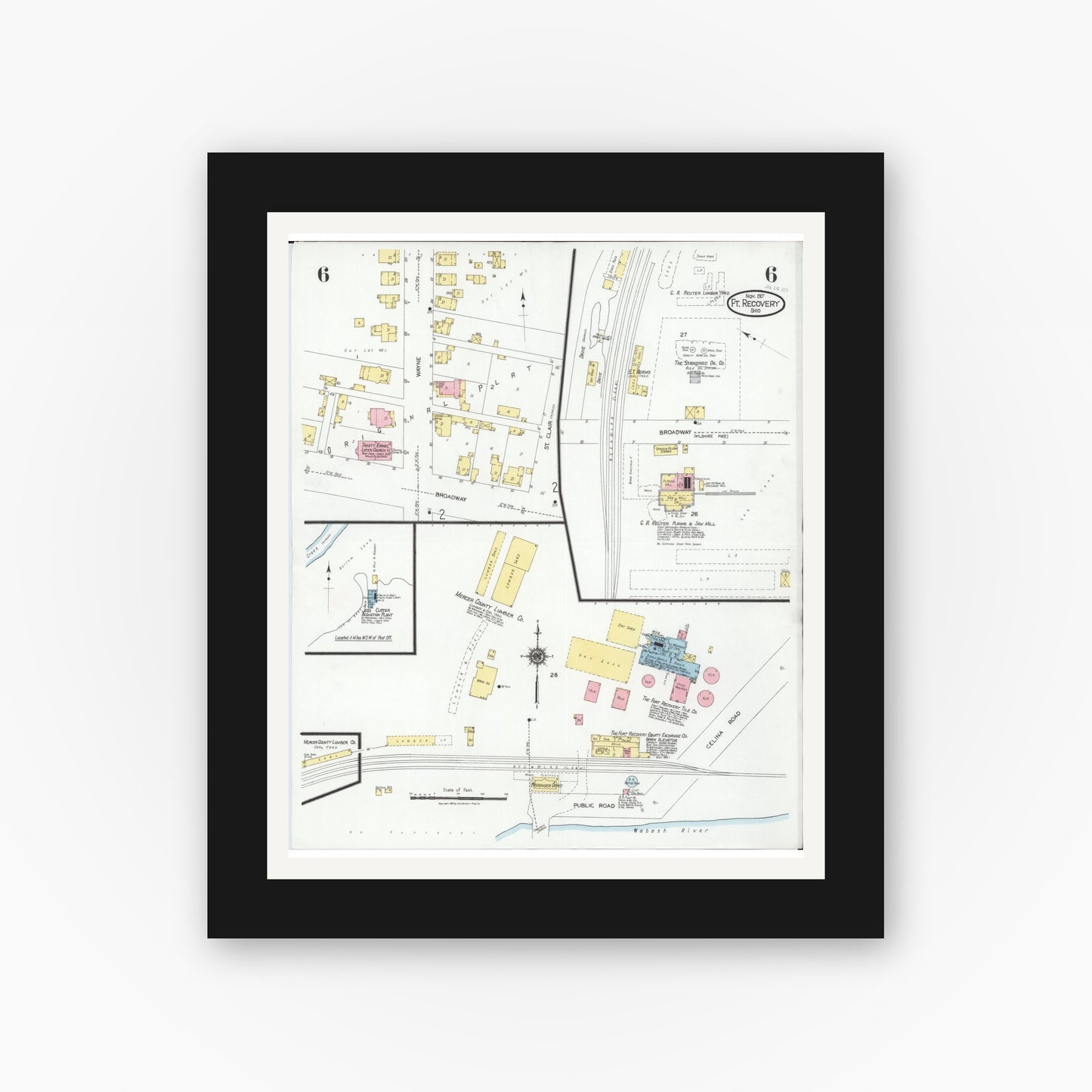 Old map wall art mockup — black gallery frame with white mat — Sanborn Fire Insurance Map from Fort Recovery, Mercer County, Ohio (1927), Sheet #0006