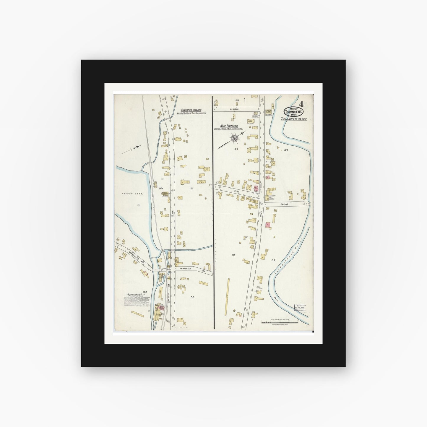 Old map wall art mockup — black gallery frame with white mat — Sanborn Fire Insurance Map from Townsend, Middlesex County, Massachusetts (1917), Sheet #0004