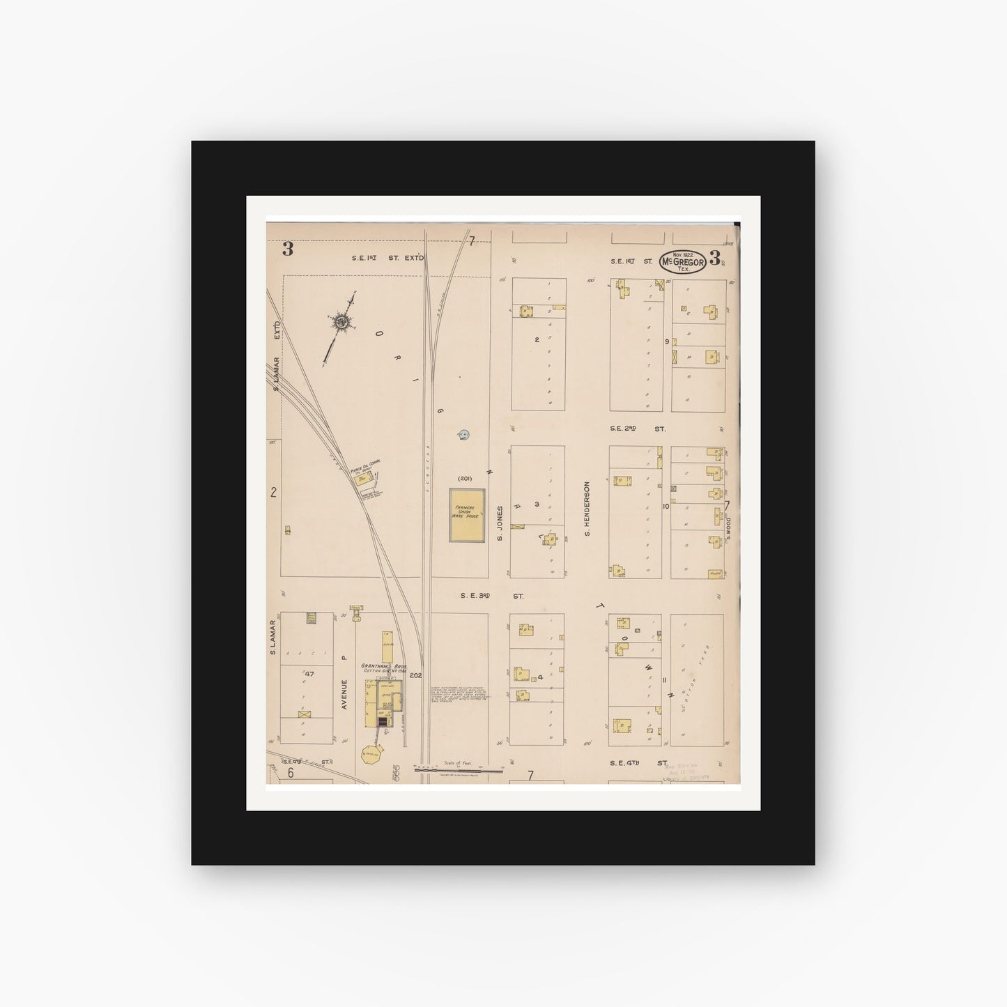 Old map wall art mockup — black gallery frame with white mat — Sanborn Fire Insurance Map from McGregor, McLennan County, Texas (1922), Sheet #0003