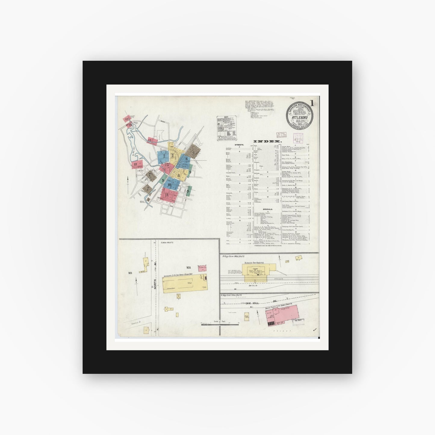 Old map wall art mockup — black gallery frame with white mat — Sanborn Fire Insurance Map from Attleboro, Bristol County, Massachusetts (1905) - Complete Map Set