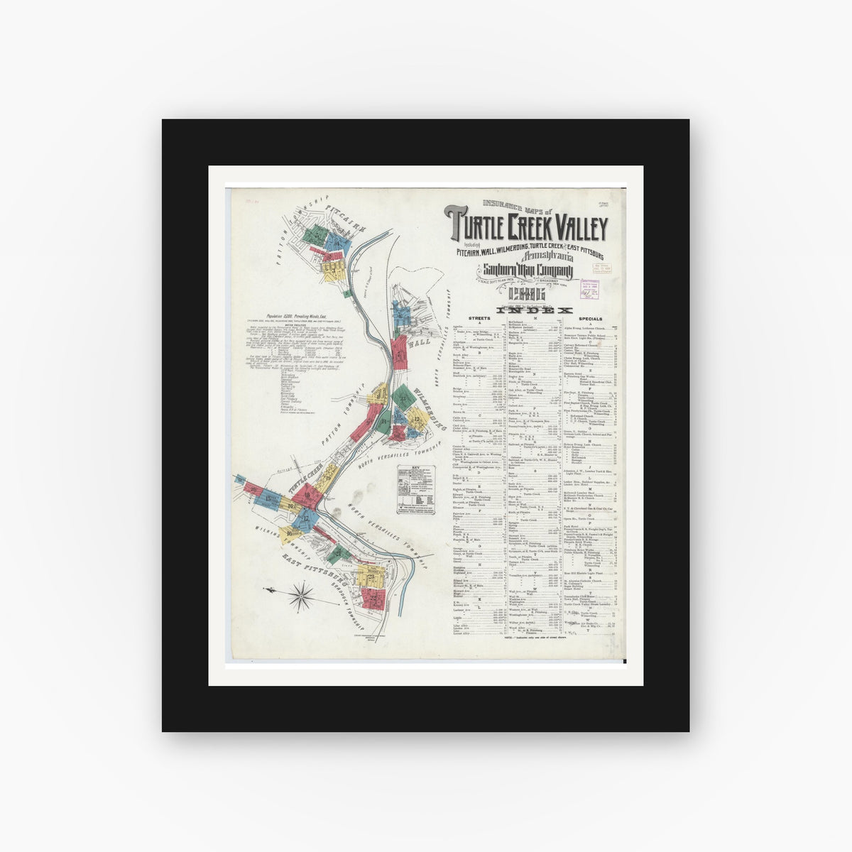 Old map wall art mockup — black gallery frame with white mat — Sanborn Fire Insurance Map from Turtle Creek Valley, Allegheny County, Pennsylvania (1906) - Complete Map Set