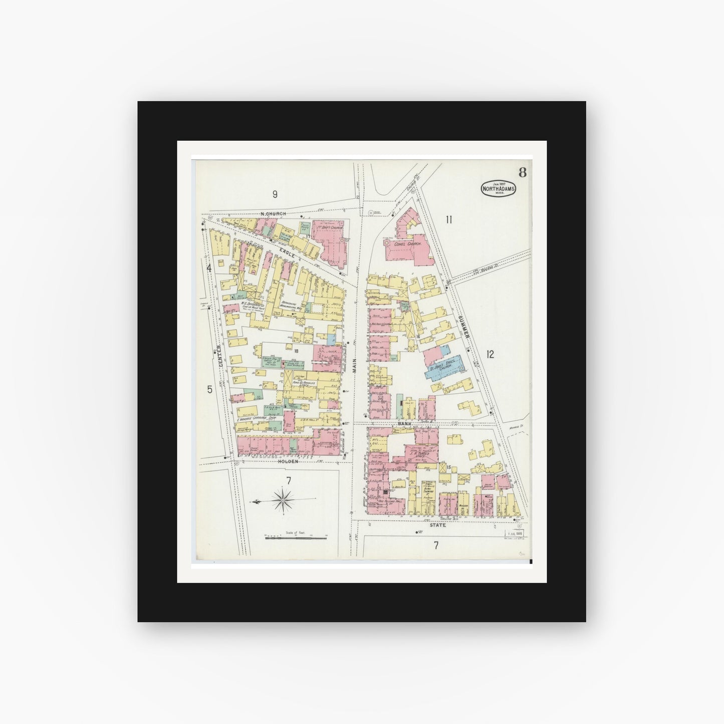 Old map wall art mockup — black gallery frame with white mat — Sanborn Fire Insurance Map from North Adams, Berkshire County, Massachusetts (1897), Sheet #0008