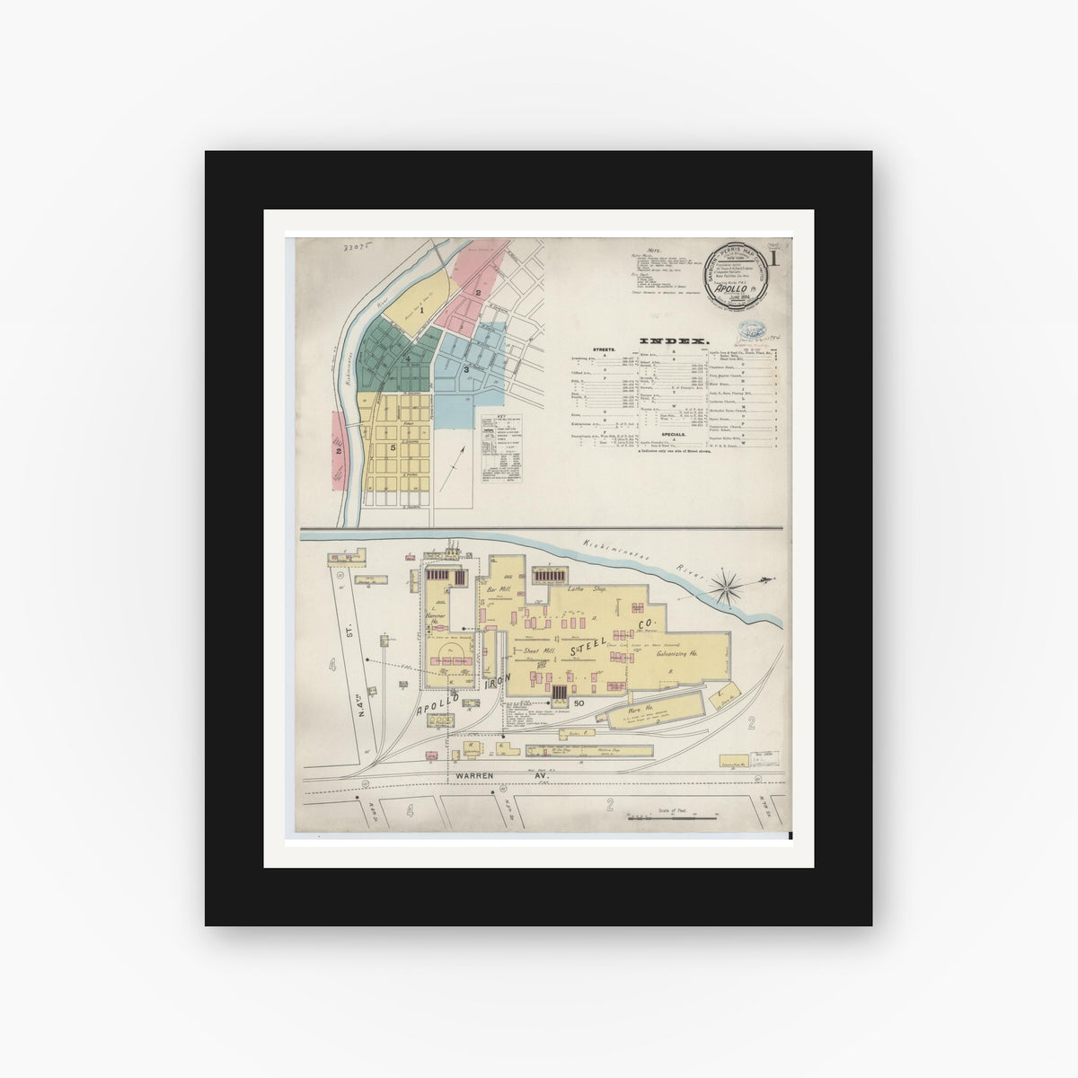Old map wall art mockup — black gallery frame with white mat — Sanborn Fire Insurance Map from Apollo, Armstrong County, Pennsylvania (1894), Sheet #0001