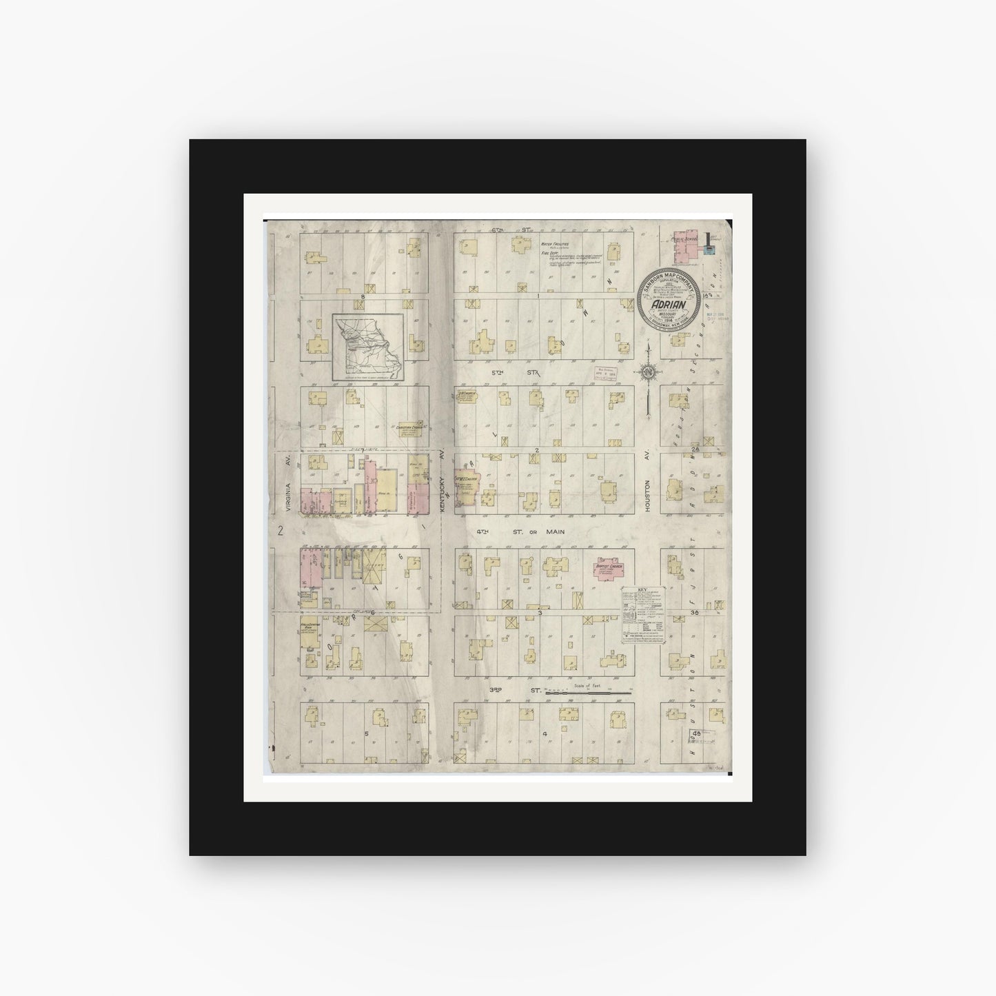 Old map wall art mockup — black gallery frame with white mat — Sanborn Fire Insurance Map from Adrian, Bates County, Missouri (1914) - Complete Map Set