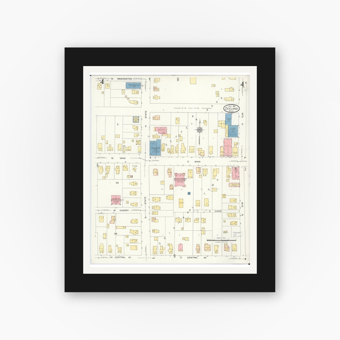 Old map wall art mockup — black gallery frame with white mat — Sanborn Fire Insurance Map from Zeeland, Ottawa County, Michigan (1923), Sheet #0004