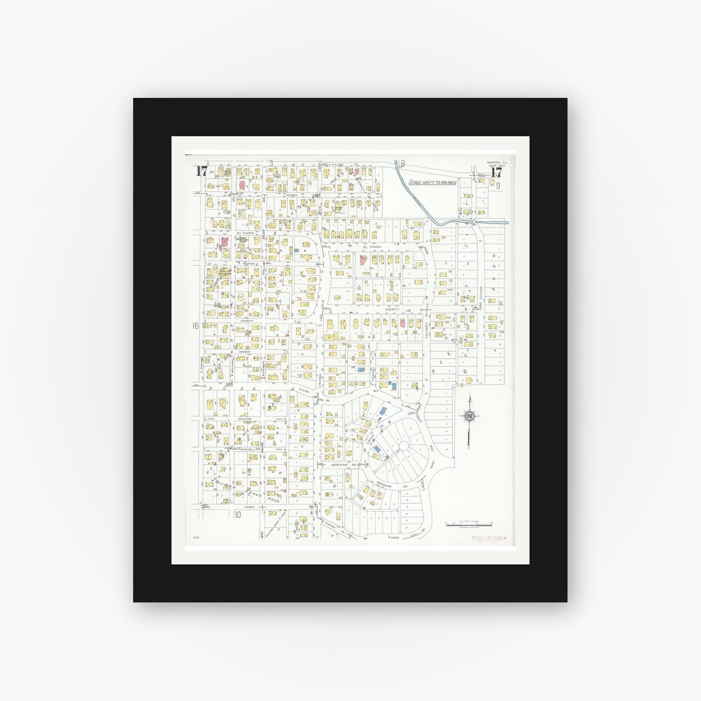 Old map wall art mockup — black gallery frame with white mat — Sanborn Fire Insurance Map from Marion, Williamson County, Illinois (1937), Sheet #0017