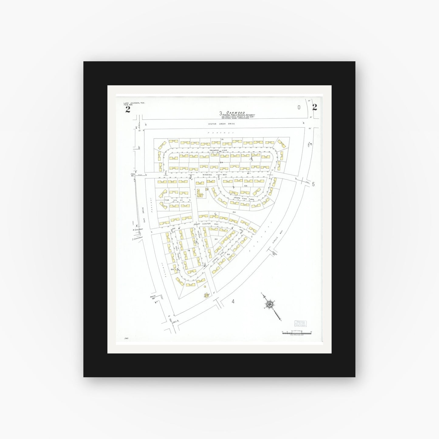 Old map wall art mockup — black gallery frame with white mat — Sanborn Fire Insurance Map from Lake Jackson, Brazoria County, Texas (1951), Sheet #0002