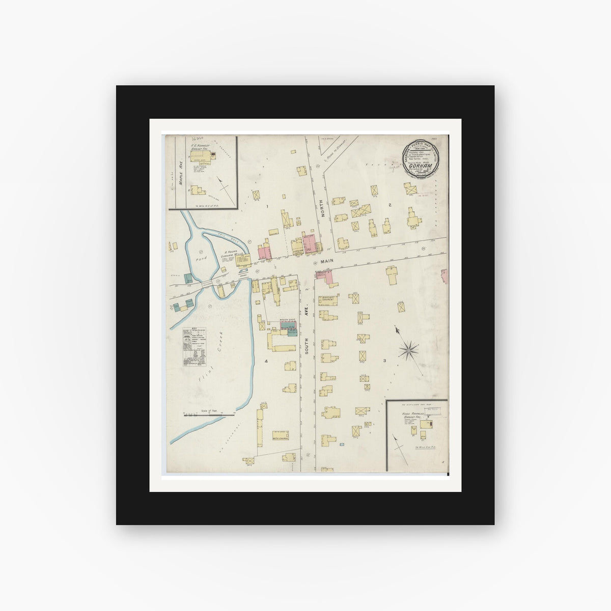 Old map wall art mockup — black gallery frame with white mat — Sanborn Fire Insurance Map from Gorham, Ontario County, New York (1894), Sheet #0001