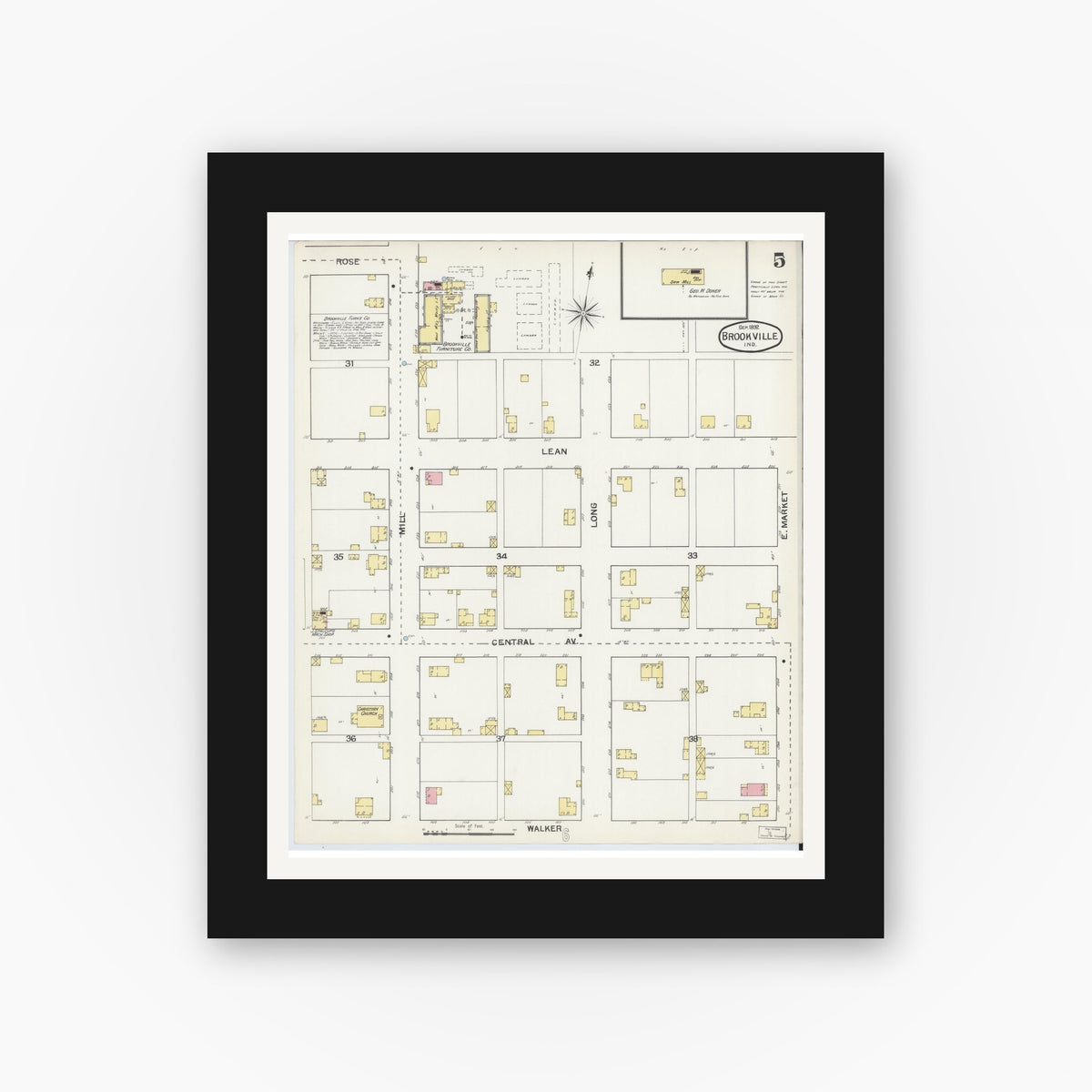 Old map wall art mockup β black gallery frame with white mat β Sanborn Fire Insurance Map from Brookville, Franklin County, Indiana (1892), Sheet #0005