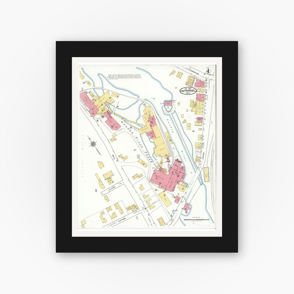 Old map wall art mockup — black gallery frame with white mat — Sanborn Fire Insurance Map from East Pepperell, Middlesex County, Massachusetts (1922), Sheet #0004