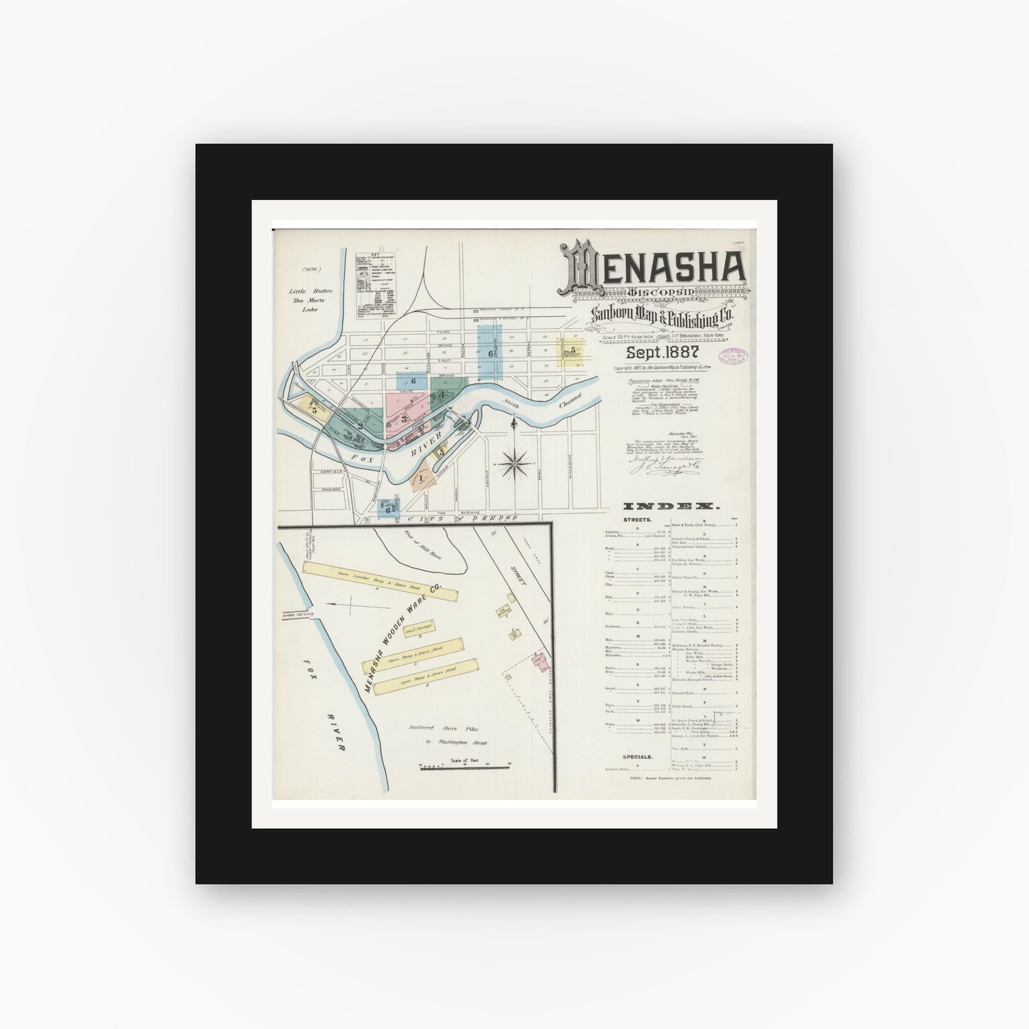 Old map wall art mockup — black gallery frame with white mat — Sanborn Fire Insurance Map from Menasha, Winnebago County, Wisconsin (1887), Sheet #0001