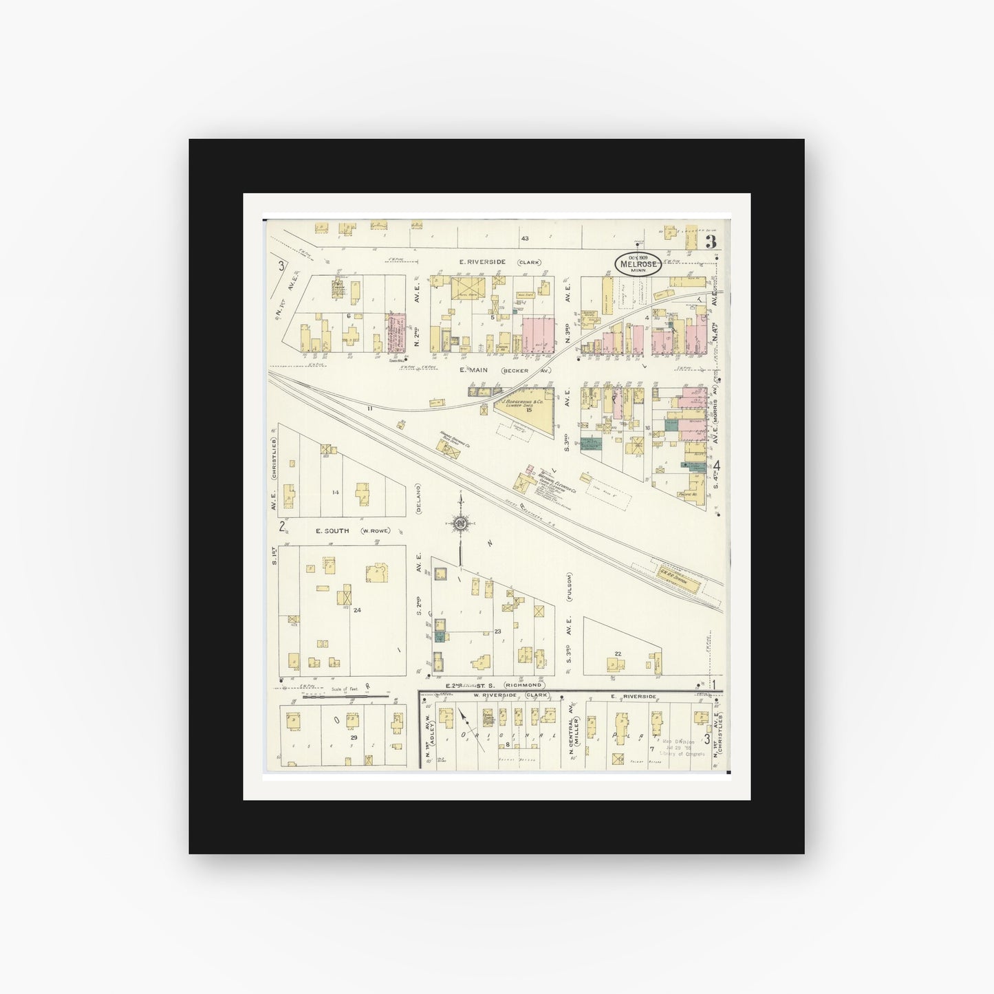 Old map wall art mockup — black gallery frame with white mat — Sanborn Fire Insurance Map from Melrose, Stearns County, Minnesota (1909), Sheet #0003