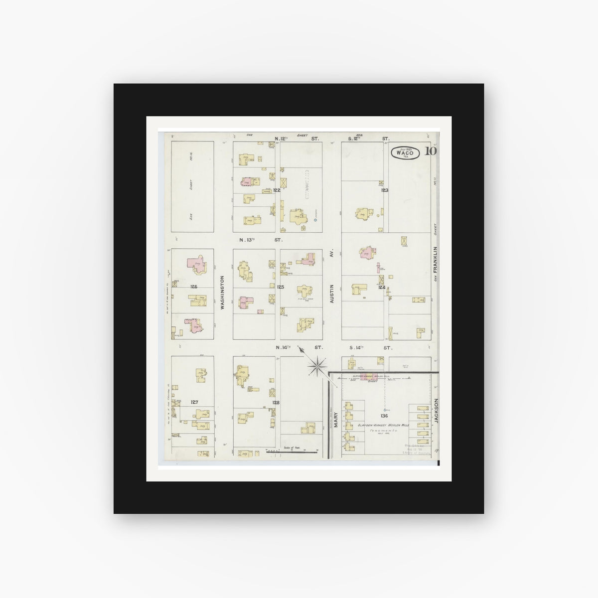 Old map wall art mockup — black gallery frame with white mat — Sanborn Fire Insurance Map from Waco, McLennan County, Texas (1889), Sheet #0010