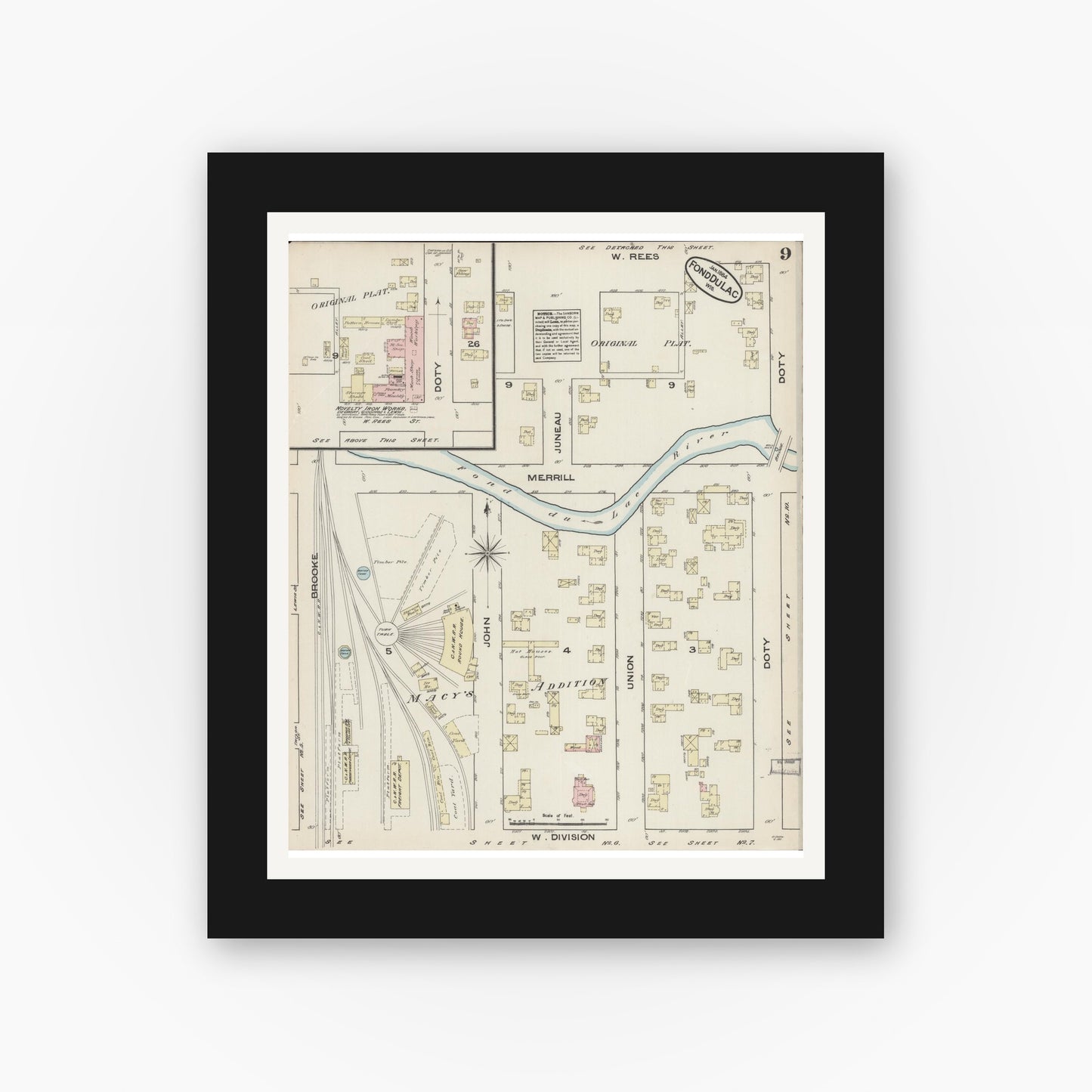 Old map wall art mockup — black gallery frame with white mat — Sanborn Fire Insurance Map from Fond du Lac, Fond du Lac County, Wisconsin (1884), Sheet #0009