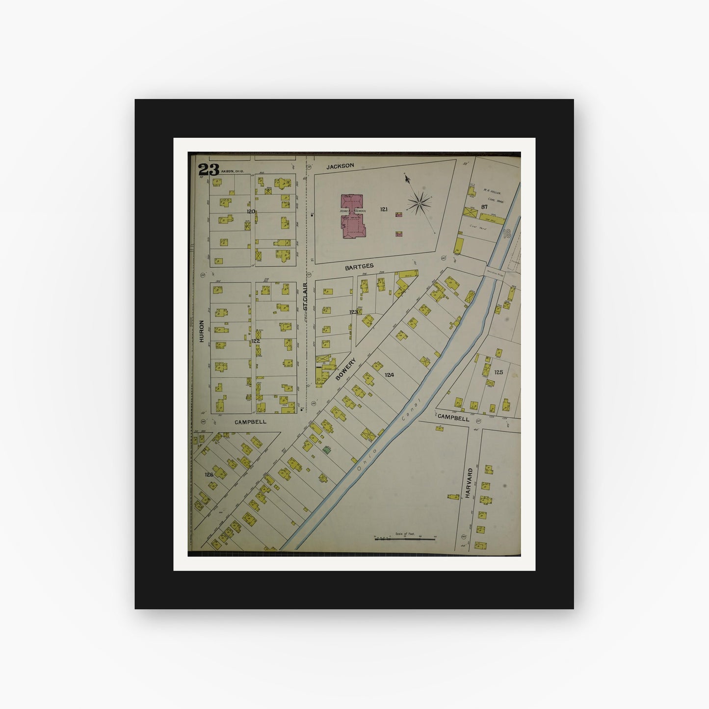 Old map wall art mockup — black gallery frame with white mat — Sanborn Fire Insurance Map from Akron, Summit County, Ohio (1892), Sheet #0023