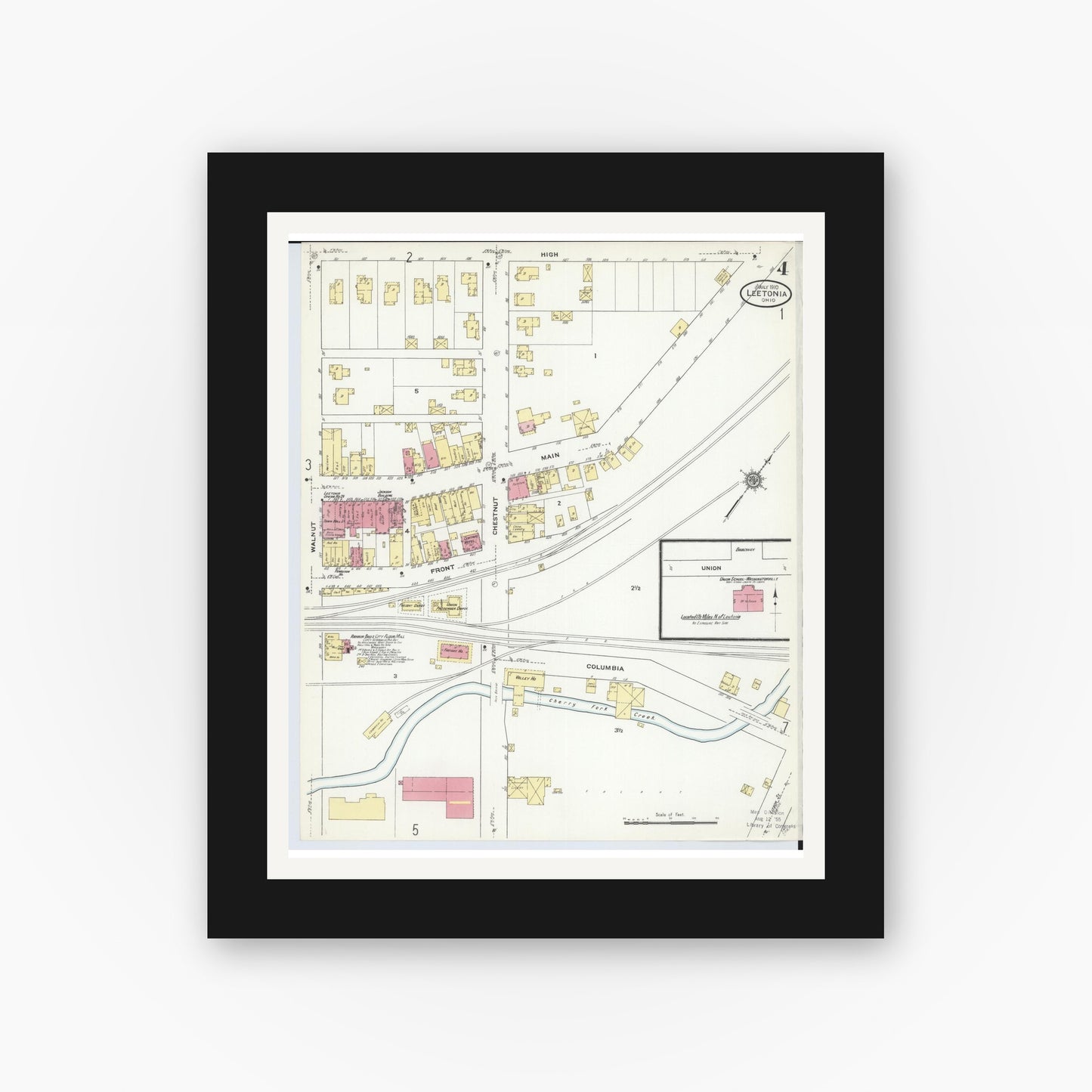 Old map wall art mockup — black gallery frame with white mat — Sanborn Fire Insurance Map from Leetonia, Columbiana County, Ohio (1910), Sheet #0004