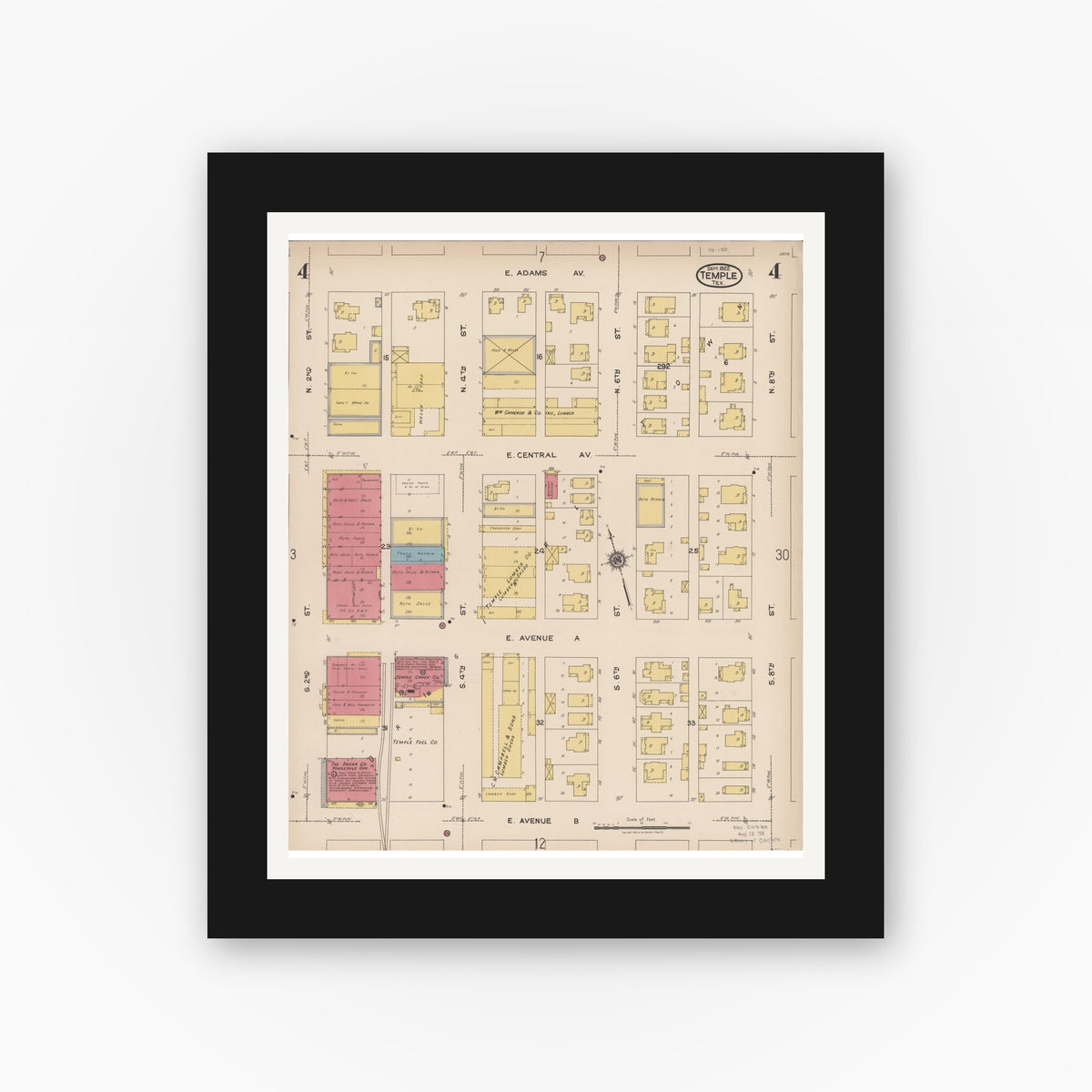 Old map wall art mockup — black gallery frame with white mat — Sanborn Fire Insurance Map from Temple, Bell County, Texas (1922), Sheet #0004